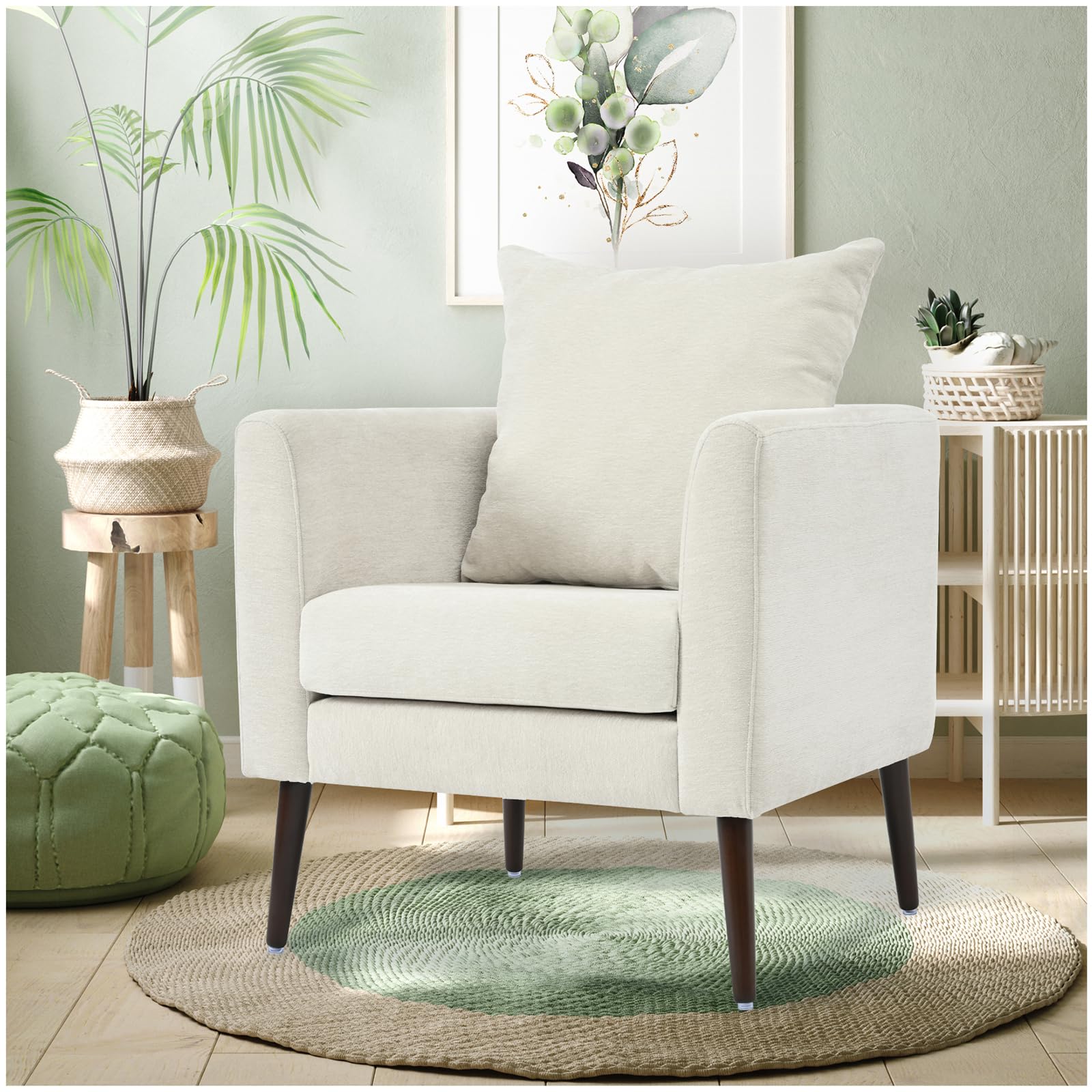 cinkehome Modern Accent Arm Chair, Teddy Upholstered Armchair for Living Room, Bedroom, Lumbar Pillow, Solid Wood Leg, Green