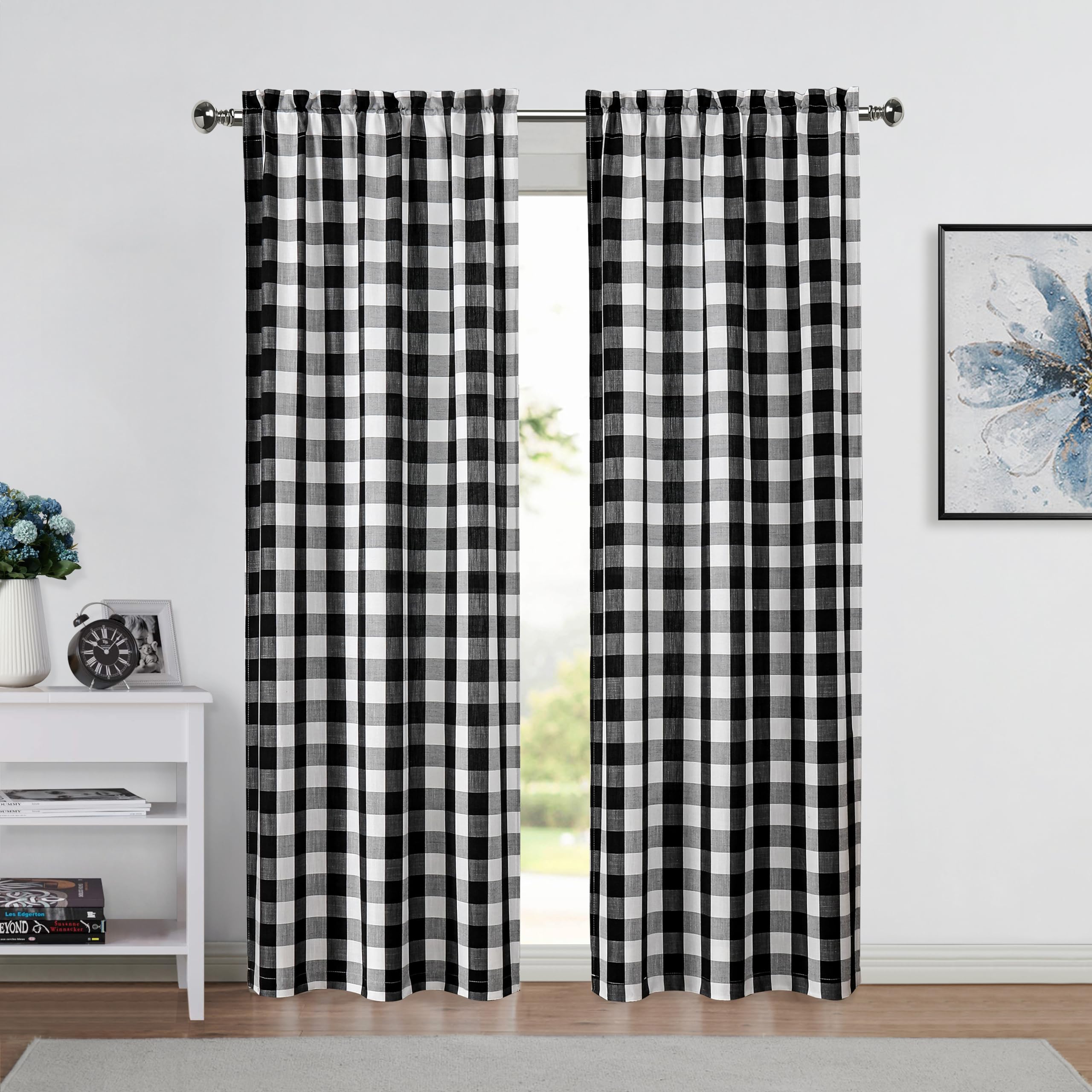 Bapawfish Plaid Buffalo Black and White Curtain Panels 84 inch Length, Farmhouse Rustic Rod Pocket Window Treatment, for Bedroom