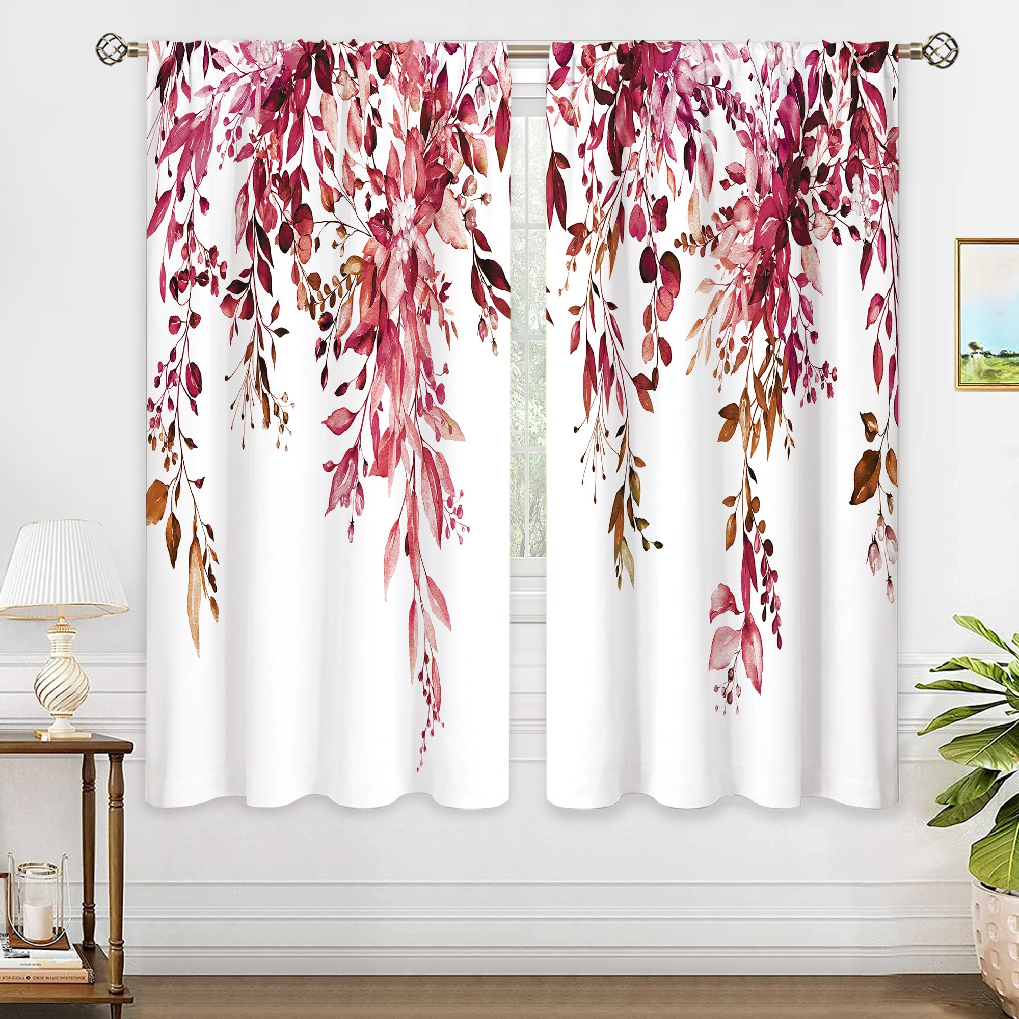 oolygoo Burgundy Eucalyptus Leaves Window Curtains Rustic Watercolor Red Flower Floral Plant Botanical Farmhouse Curtain Drapes 