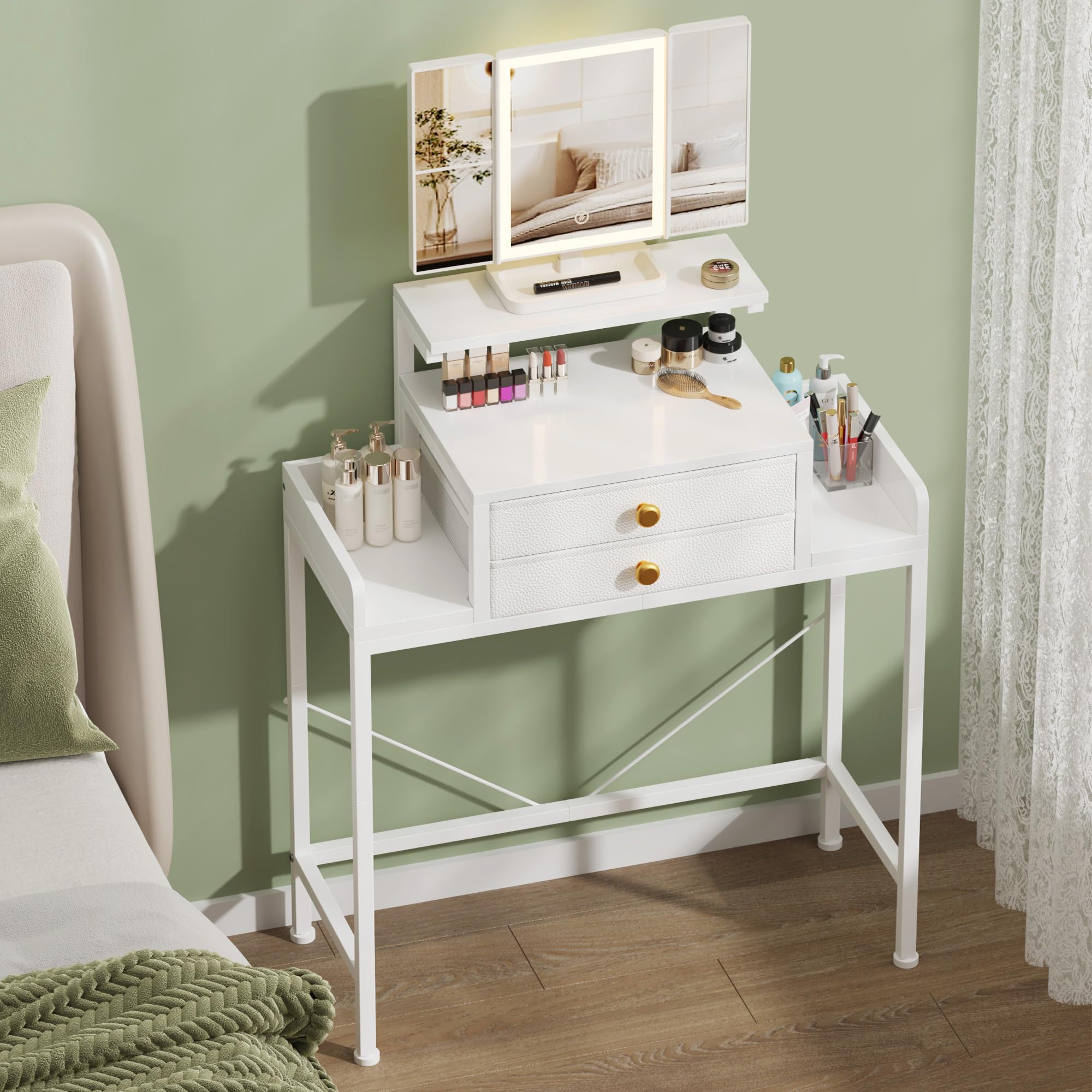 HIGDBFE Vanity Desk with Mirror and Lights, 28.4W Small Makeup Vanity Table with Height-Adjustable Stand, 2 Fabric Drawers Com