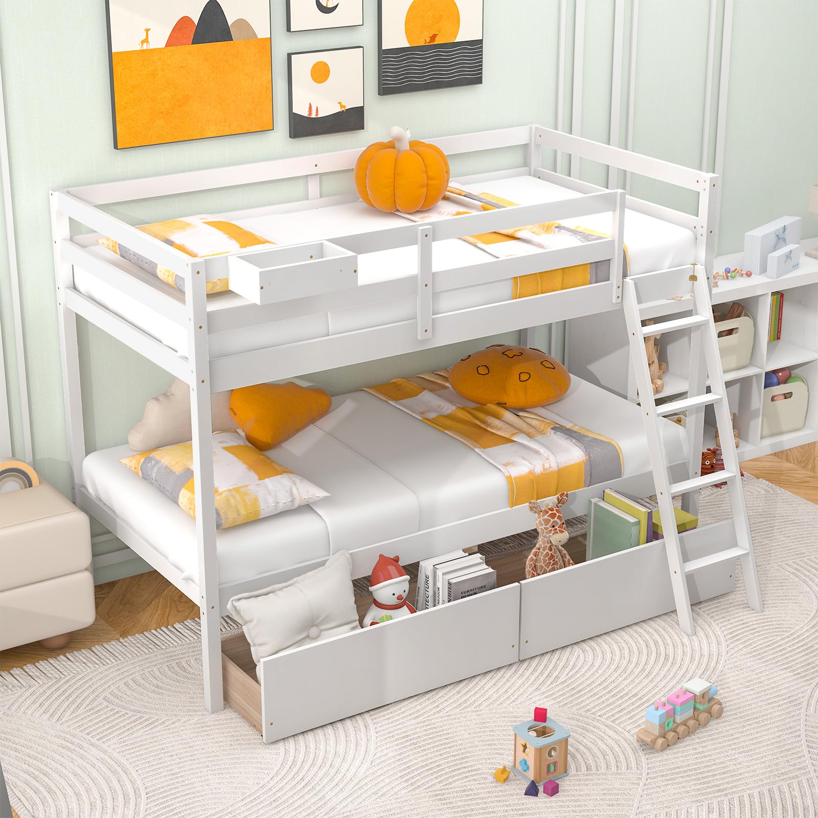 Giantex Bunk Bed Twin Over Twin with 2 Storage Drawers, Solid Wood Bed Frame with Convertible Storage Cube, Safety Guardrails & 