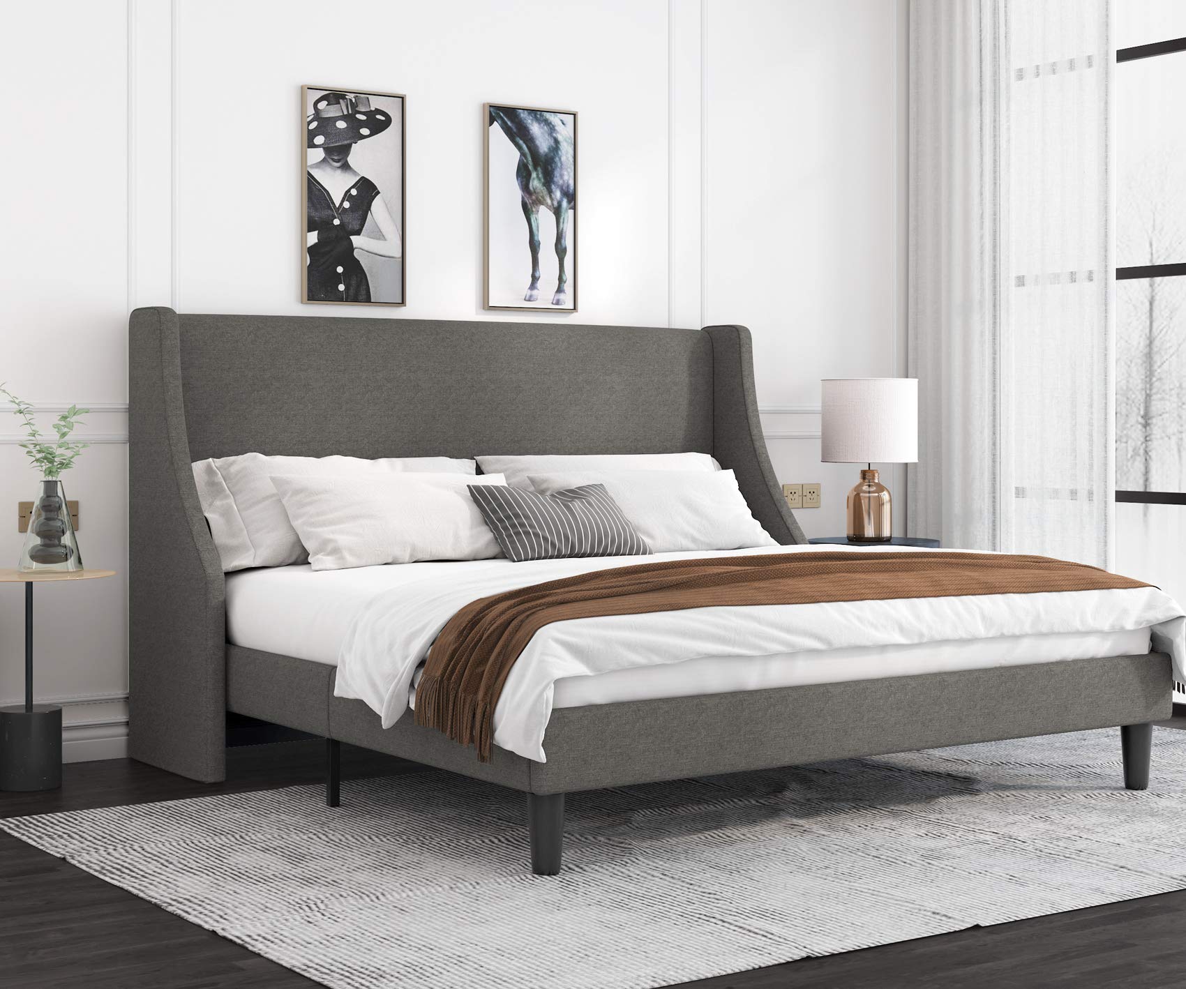 Allewie King Size Bed Frame, Platform Bed Frame with Upholstered Headboard, Modern Deluxe Wingback, Wood Slat Support, Mattress 