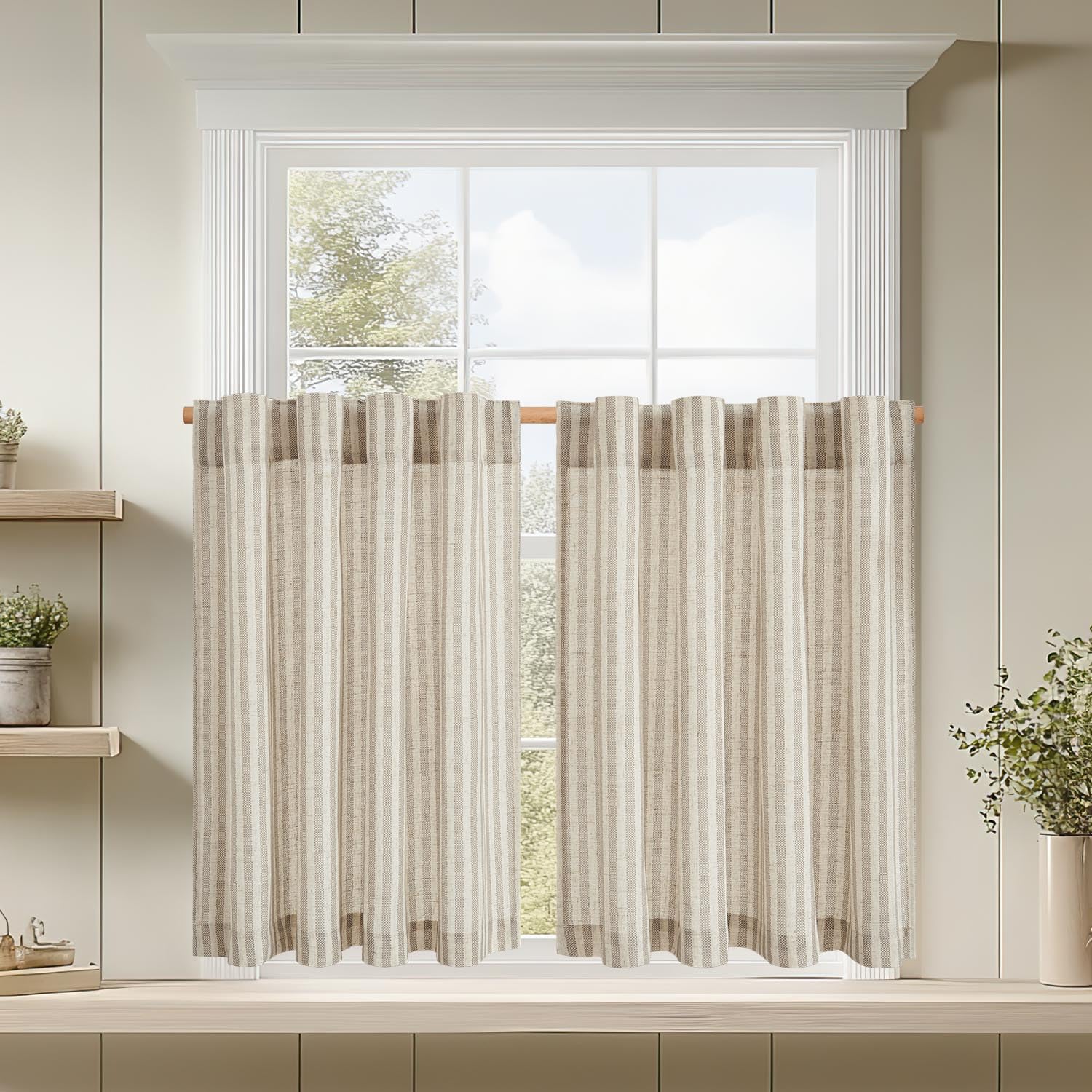 jinchan Linen Kitchen Striped Tier Curtains Ticking StripeFarmhouse Pinstripe Cafe 54 Inch for Living Room Bathroom Small Window