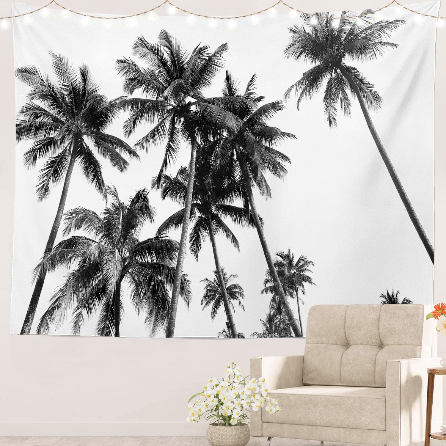 Batmerry Black And White Palm Tree Tapestry, Florida Tropical Branches Silhouette With Sunlight Hippie Trippy Tapestry Wall Art 