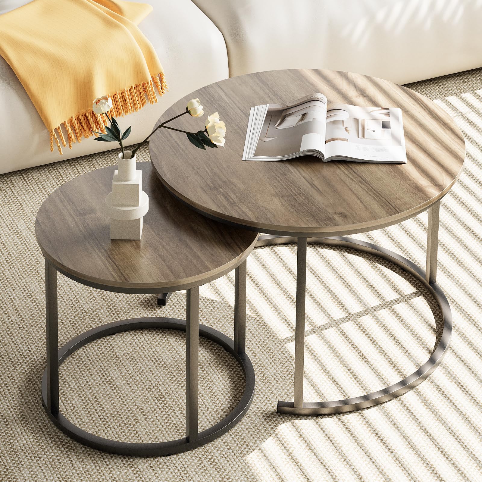 aboxoo Coffee Table Nesting Side Round Table Set of 2 End Table with Sturdy Metal Frame for Living Room Bedroom Apartment Modern