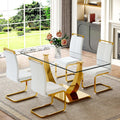 63 Glass Dining Table Set for 4, Dining Table with Stainless Steel Leg and Base, PU Chairs Set for 4, Dining Room Table Set 4 