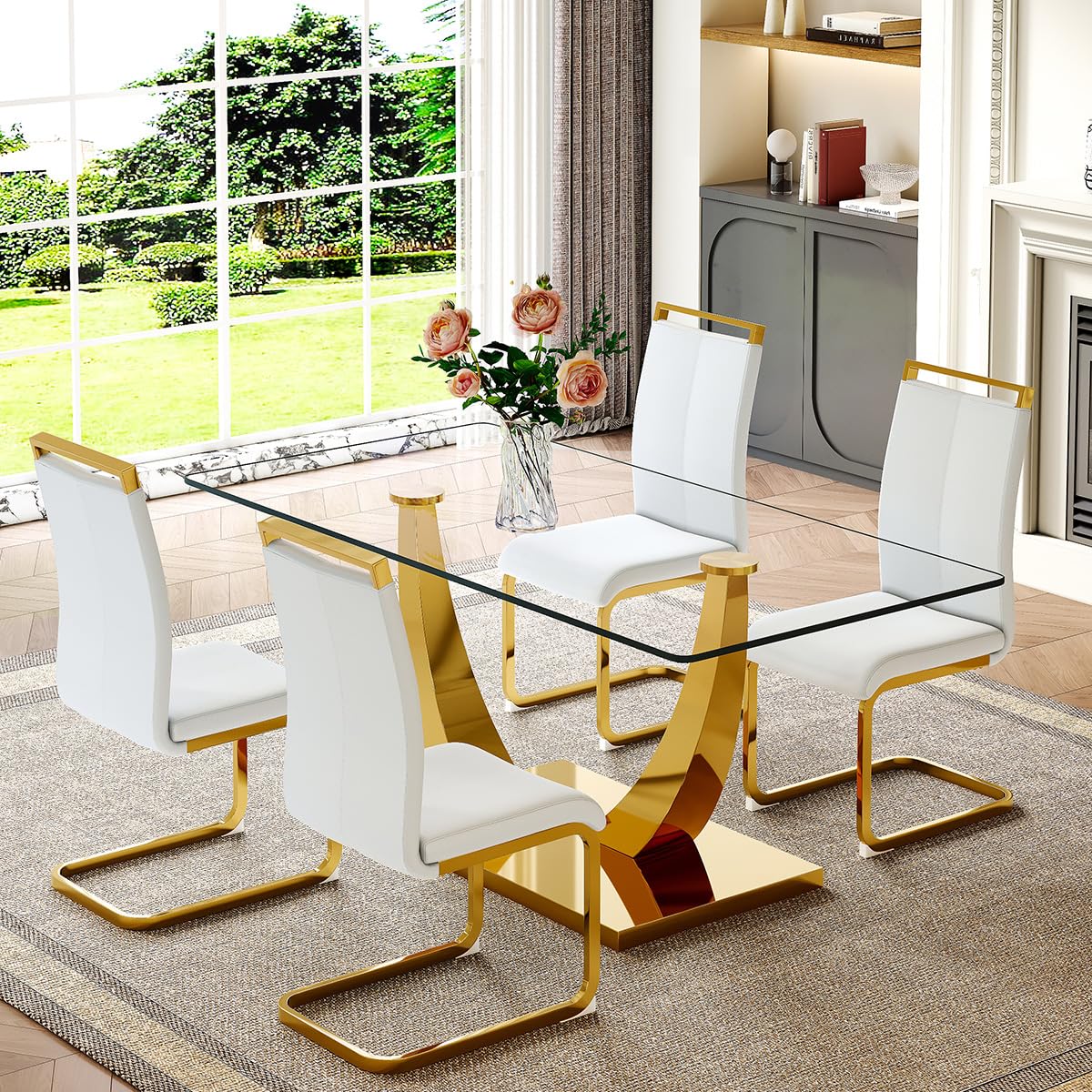 63 Glass Dining Table Set for 4, Dining Table with Stainless Steel Leg and Base, PU Chairs Set for 4, Dining Room Table Set 4 