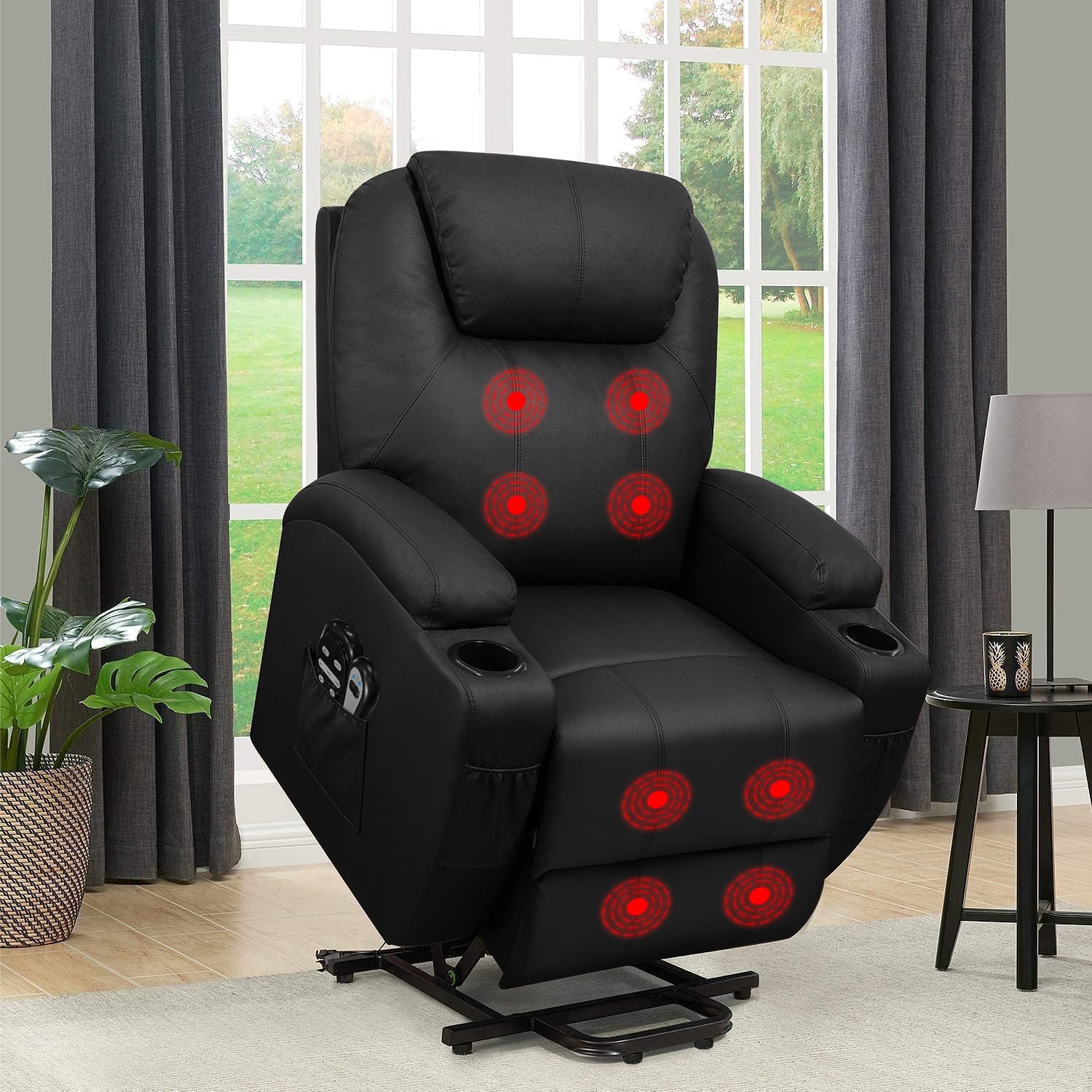 Flamaker Power Lift Recliner Chair PU Leather with Massage for Elderly Ergonomic Lounge Chair Classic Single Sofa with 2 Cup Hol