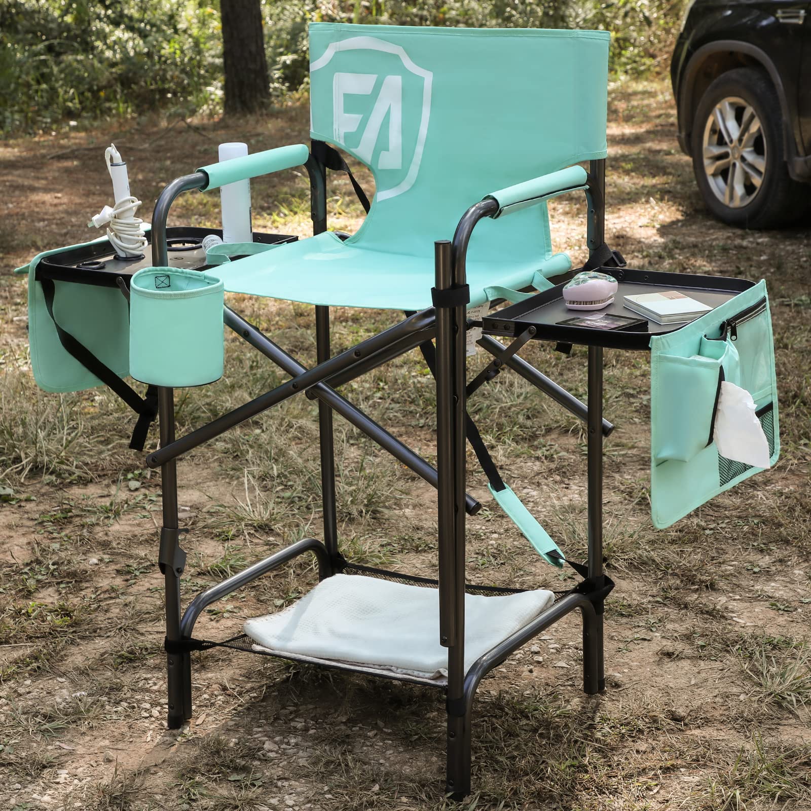 EVER ADVANCED 31  Tall Portable Makeup Artist Chair for Clients Directors Chair with Two Side Tables, Foldable Folding Chair for