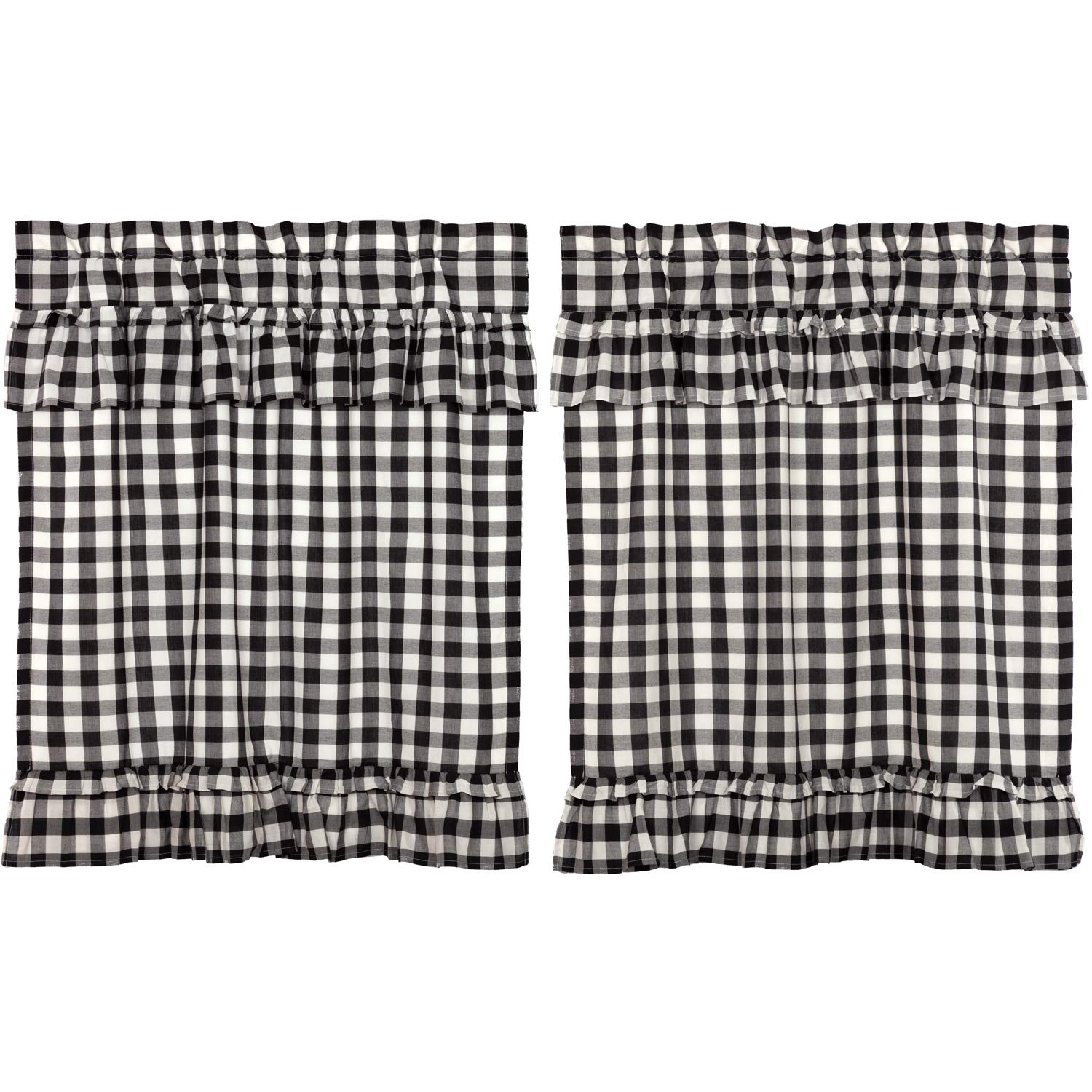 VHC Brands Annie Buffalo Check Cotton Farmhouse Kitchen Curtains Rod Pocket Hanging Loops Ruffling 36x36 Tier Pair, Black Countr