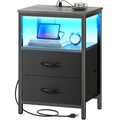 Huuger Night Stand with Charger Station and LED Lights, 2 Drawer Nightstand, Bed Side Table with Open Shelf, End Table, Fabric D