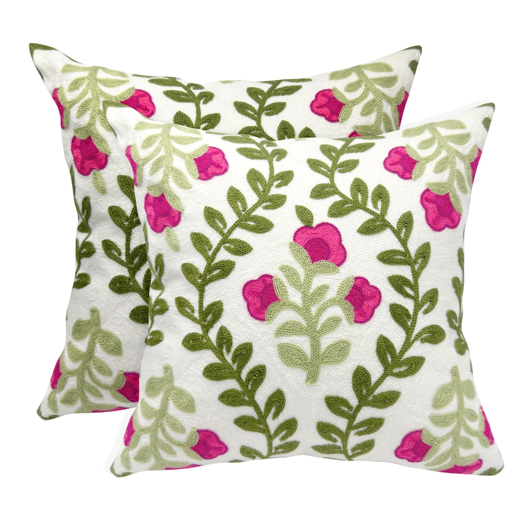 Alysheer Floral Embroidered Summer Decorative Throw Pillow Covers 18x 18 Set of 2, Farmhouse Cottage Hot Pink Flowers Green Leav