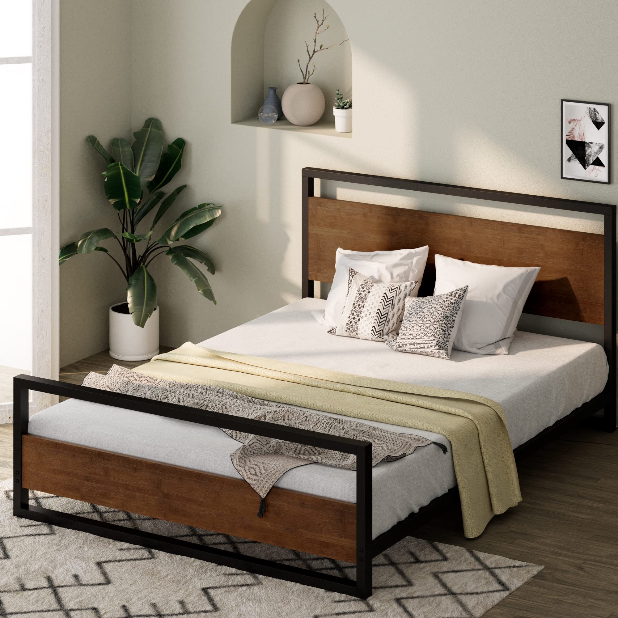 ZINUS Suzanne Bamboo and Metal Platform Bed Frame with Footboard, Wood Slat Support, No Box Spring Needed, Easy Assembly, King