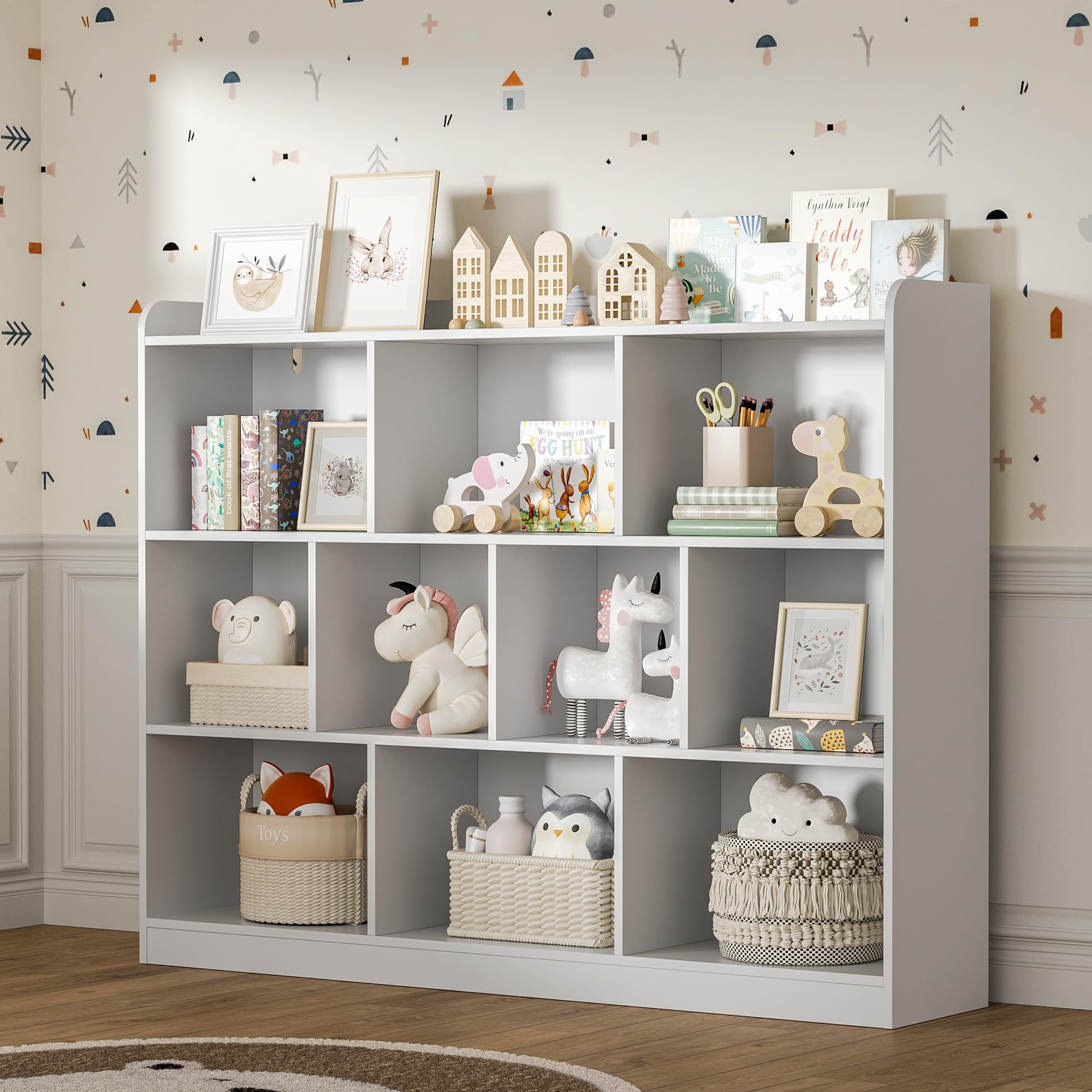 DIYART White Bookshelf, Wood Bookcase with 3 Tier Open Shelves, 10-Cube Minimalist Storage Shelf for Living Room, Bedroom, 43.3 