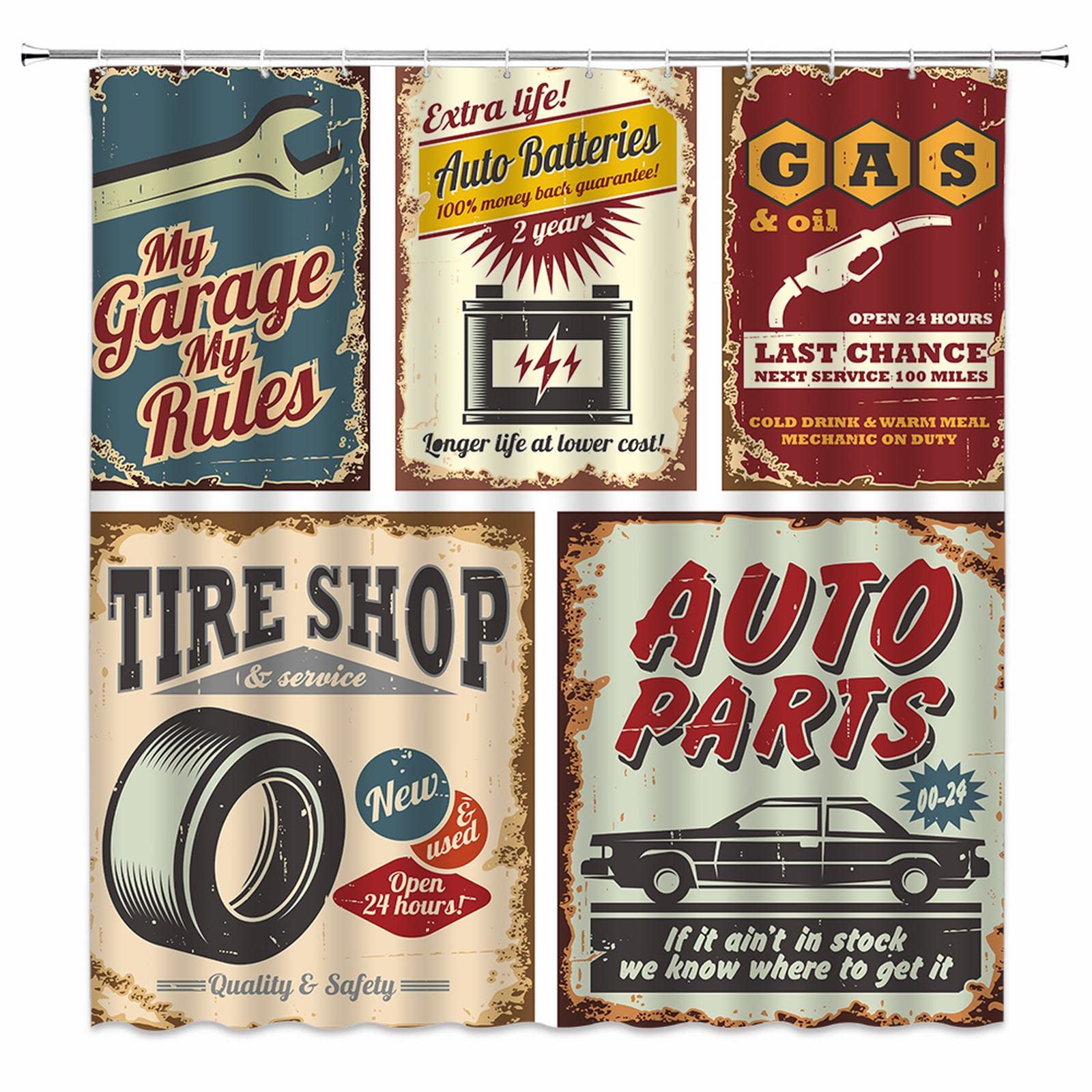 jingjiji Car Shower Curtain 1950s Retro Country Garage Antique Car Accessories American Repair Poster License Plate Nostalgic Le