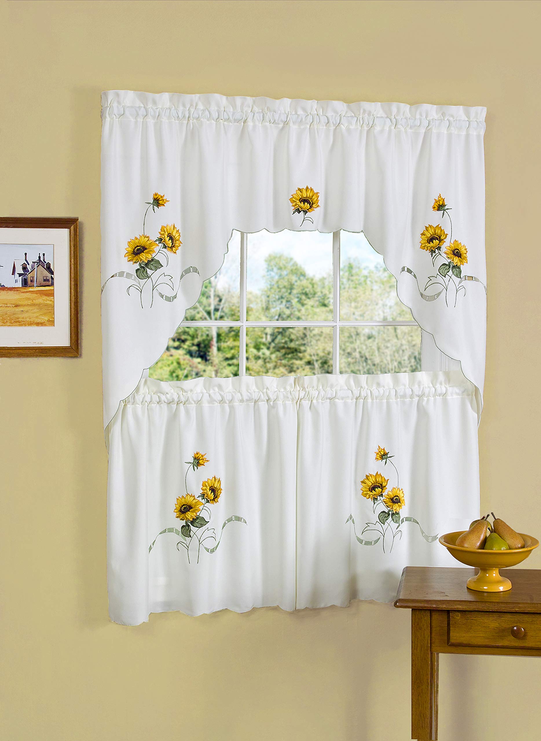 Embellished Tier and Swag Window Curtain Set - 58 Inch Width, 36 Inch Length - Sunshine- Light Filtering Polyester Drapes for Ki