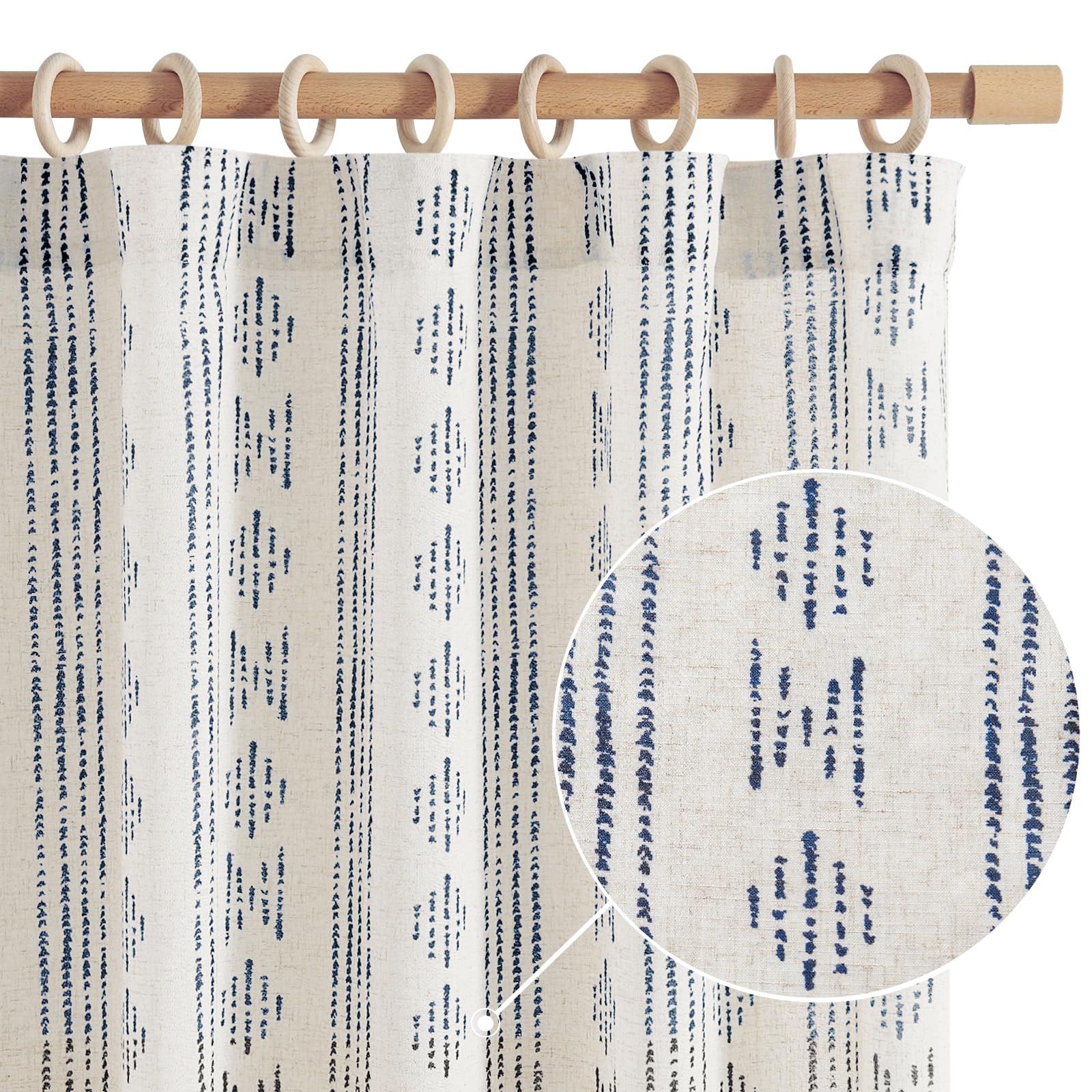 jinchan Boho Curtains for Living Room Farmhouse Blue Curtains 63 Inch Length 2 Panels for Bedroom Geometric Striped Mudcloth Lig