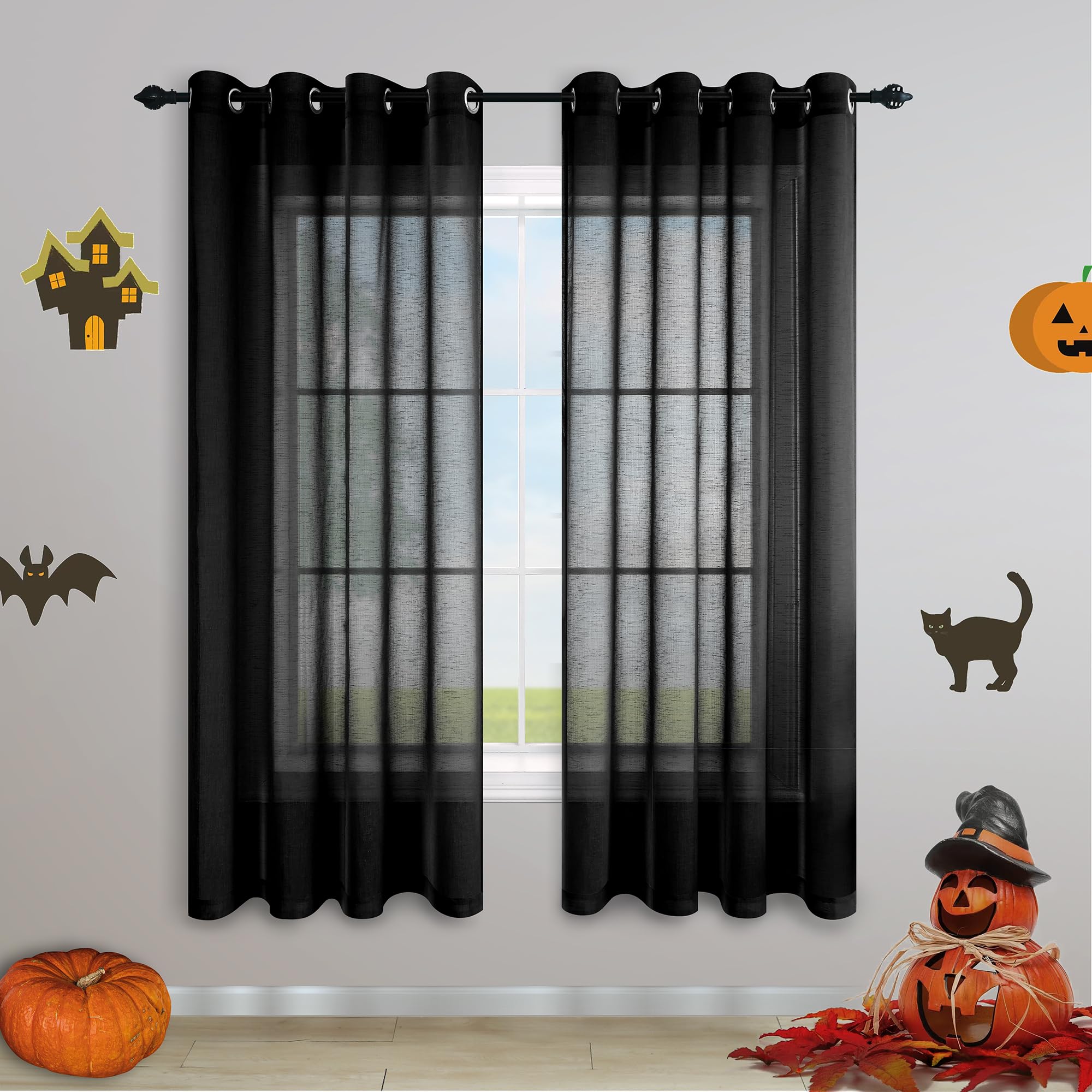 Black Sheer Curtains 63 Inch Length for Boys Bedroom Decor 2 Panels Grommet Drapes Linen Look Semi Transparent Flowy Lightweight
