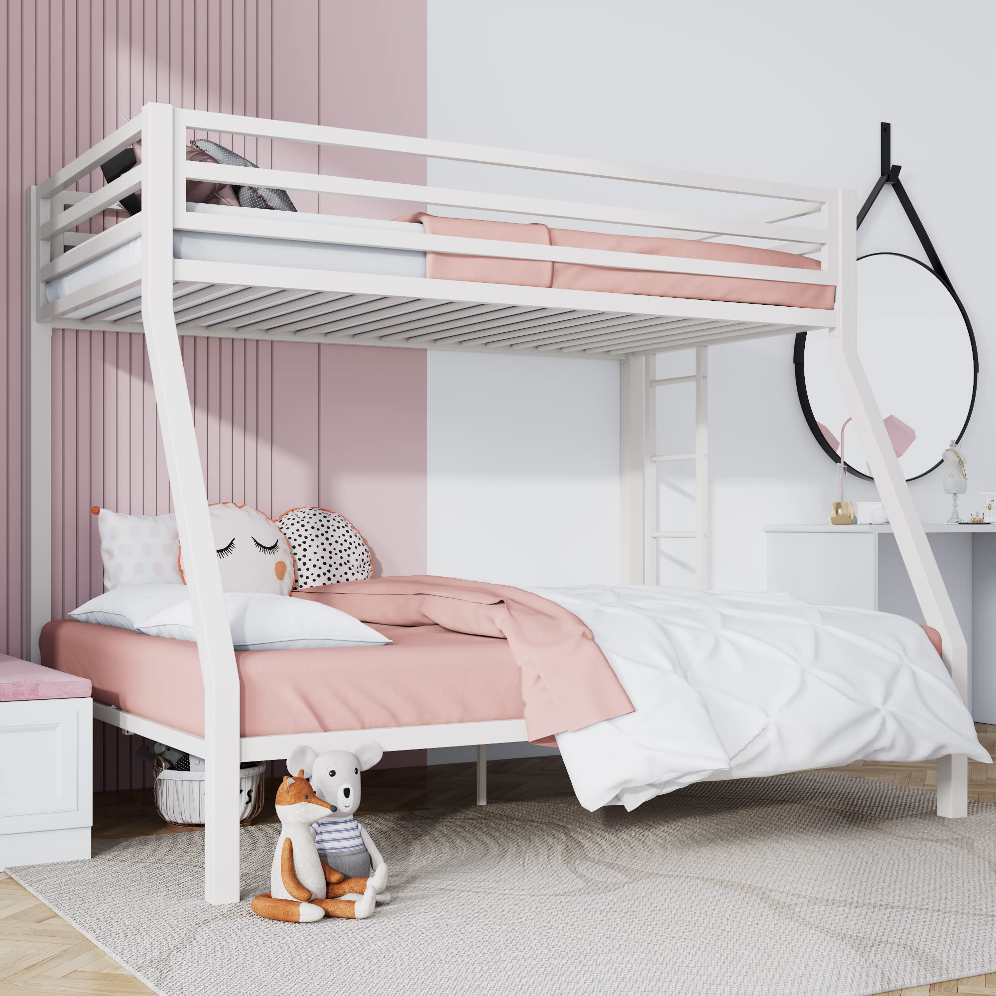 SHA CERLIN Metal Bunk Bed Twin Over Full Size with Removable Stairs, Heavy Duty Sturdy Frame with 12 Under-Bed Storage for Teens