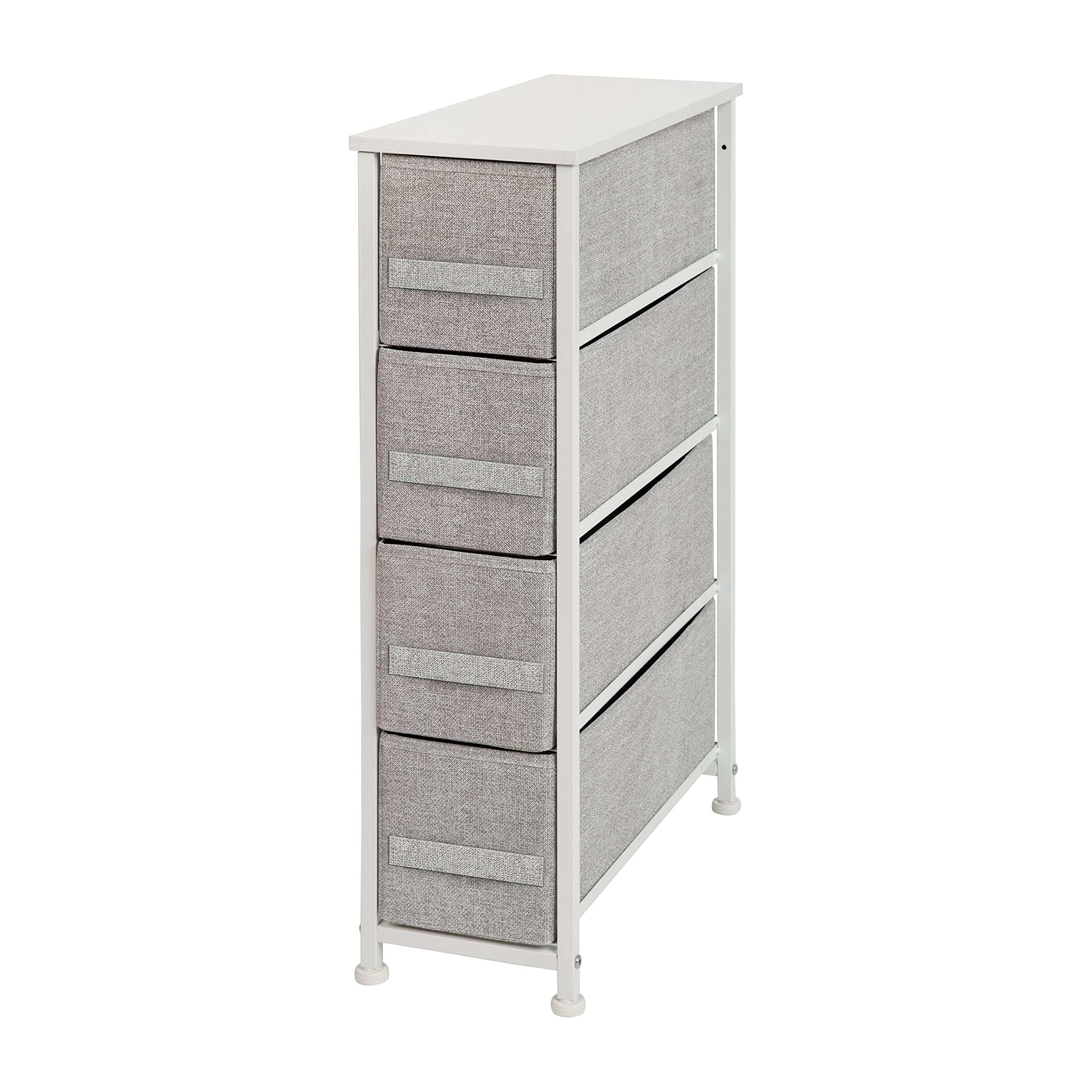 Flash Furniture Harris 4 Drawer Slim Wood Top White Cast Iron Frame Dresser Storage Tower with Light Gray Easy Pull Fabric Drawe