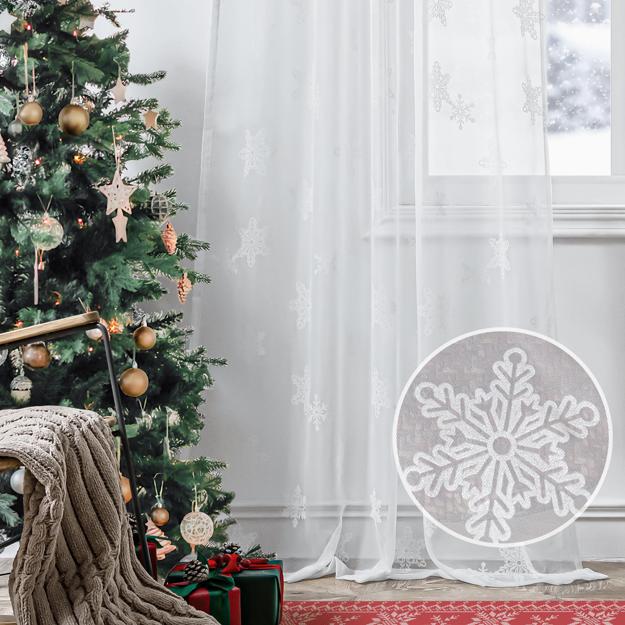 FMFUNCTEX White Sheer Snowflake Christmas Curtains 72 Inches Long for Living Room, Snow Drapes for Bedroom, Holiday Winter Windo