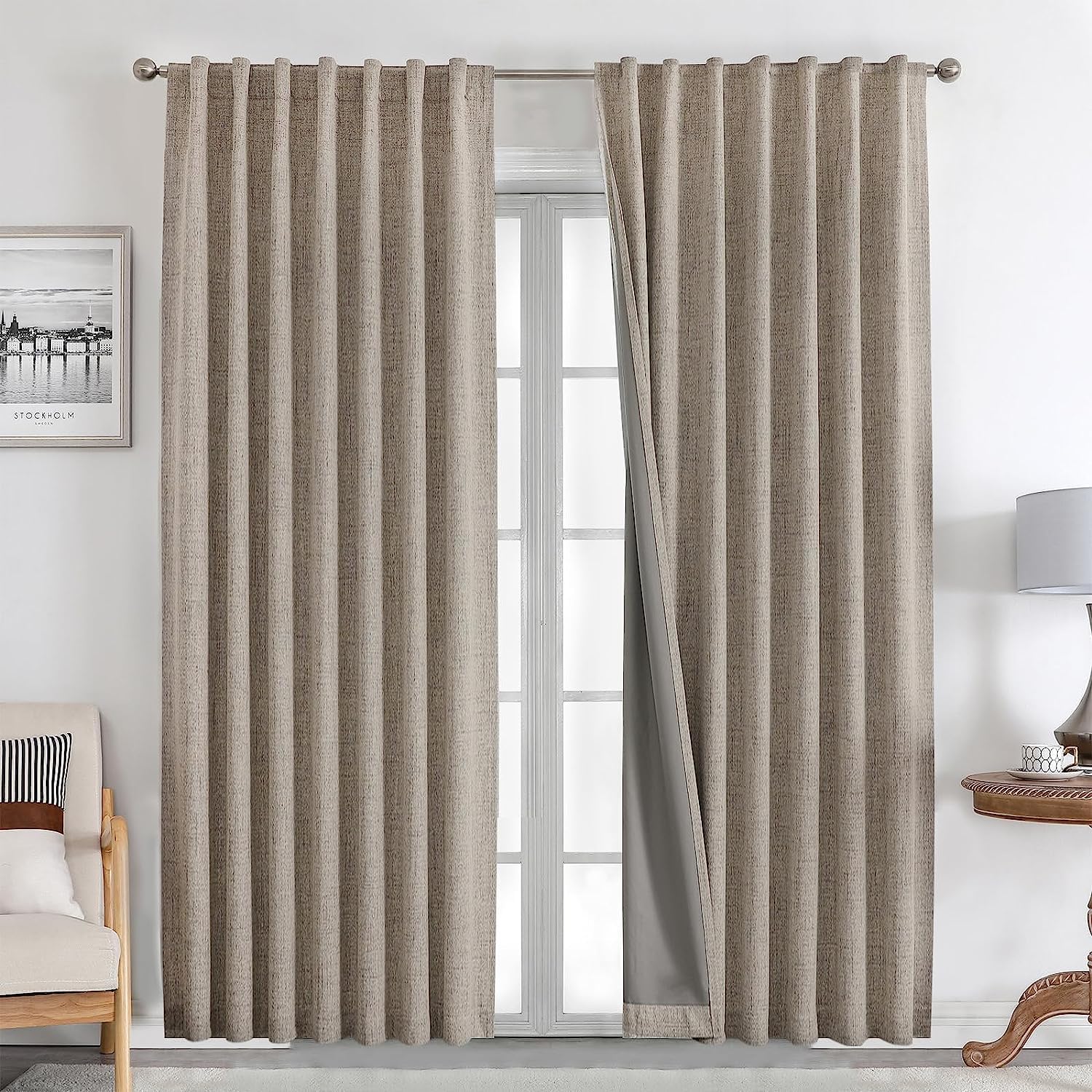 Joydeco 100% Black Out Curtains 84 inch Long 2 Panels Burg Natural Blackout Linen Drapes for Bedroom Living Room Darkening Curta