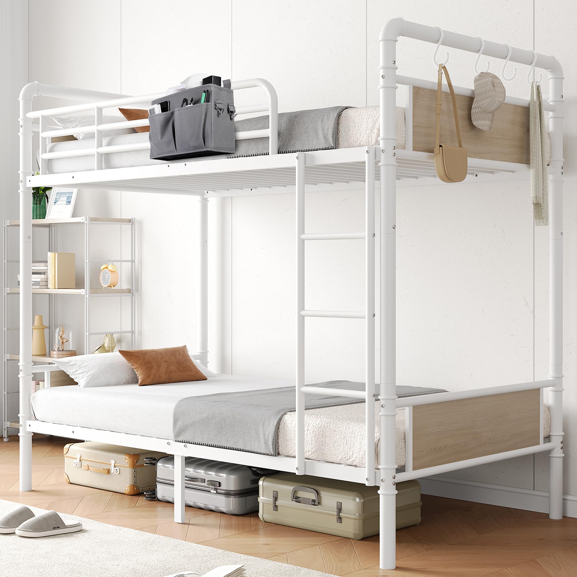 Jocoevol Bunk Bed Twin Over Twin, Heavy Duty Metal Bunkbeds with Ladder and Full-Length Guardrail, Convertible into 2 Individual