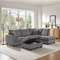 Rowan 107W Dark Gray Corduroy Fabric Sectional Sofa with Right Facing Chaise, USB & USB-C Charging Port, Storage Ottoman, and Pi
