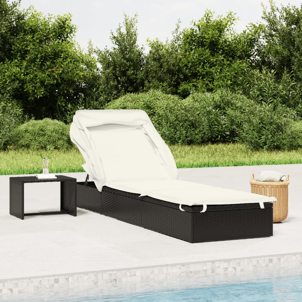 vidaXL Sunbed with Foldable Roof Black 83.9x24.8x38.2 Poly Rattan