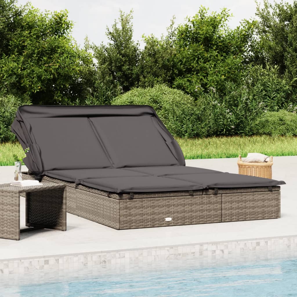 vidaXL 2-Person Sunbed with Foldable Roof Gray 83.9x46.5x38.2 Poly Rattan