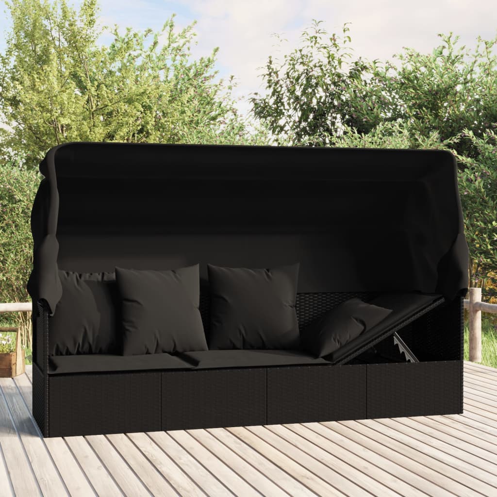 vidaXL Patio Lounge Bed with Roof and Cushions Black Poly Rattan