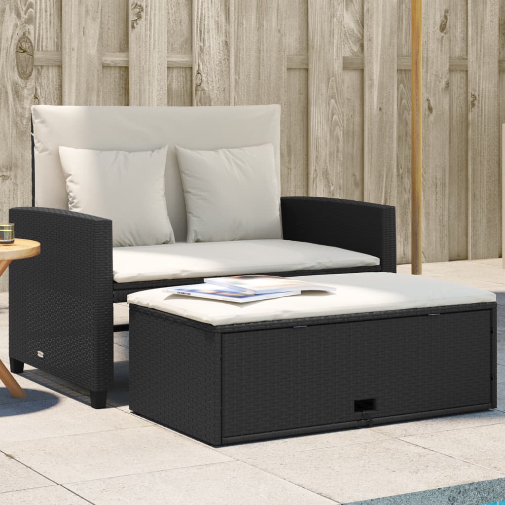 vidaXL Patio Sofa with Cushions 2-Seater Black Poly Rattan