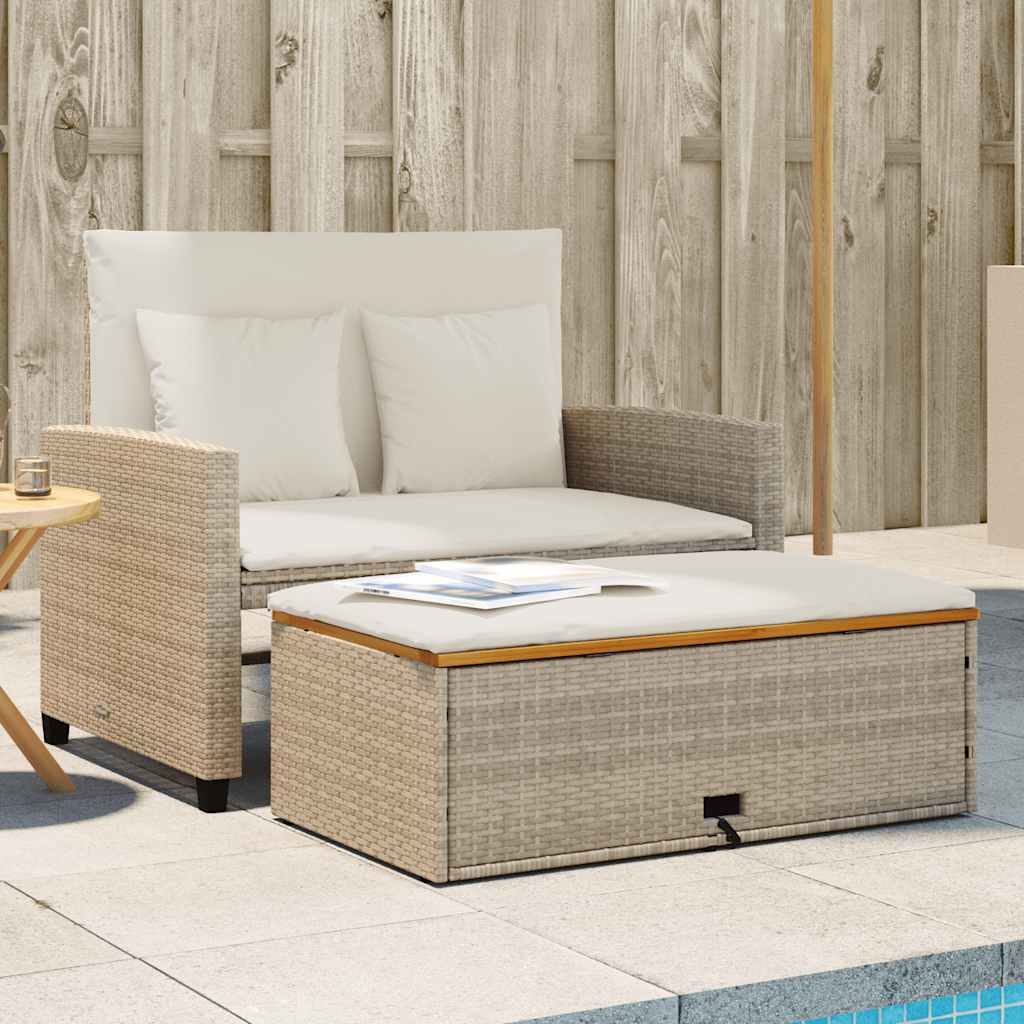 vidaXL Patio Sofa with Cushions 2-Seater Beige Poly Rattan&Acacia Wood