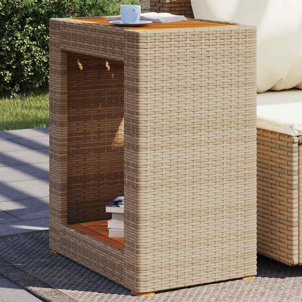 vidaXL Patio Side Table with Wooden Top Beige 23.6x15.7x29.5 Poly Rattan