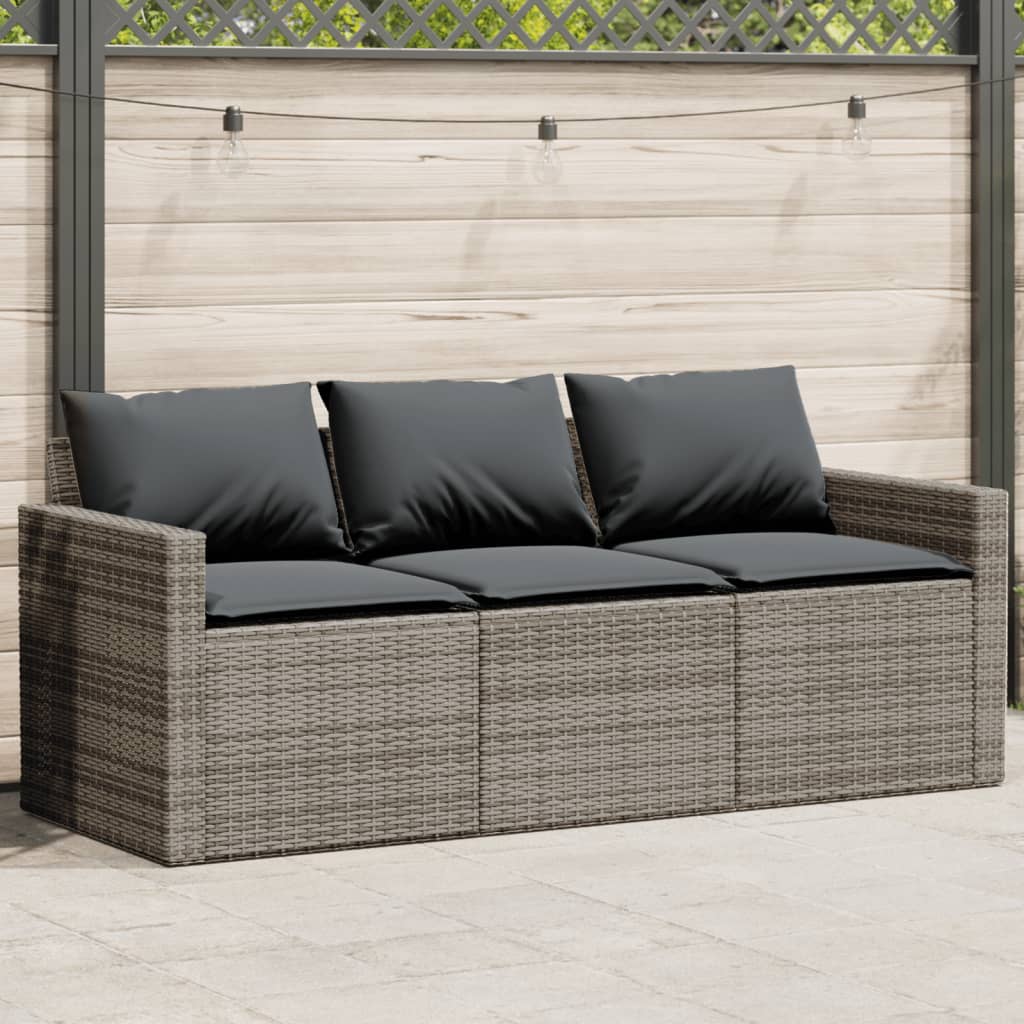 vidaXL Patio Sofa with Cushions 3-Seater Gray Poly Rattan