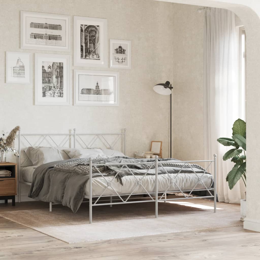 vidaXL Metal Bed Frame with Headboard and Footboard White 59.1x78.7
