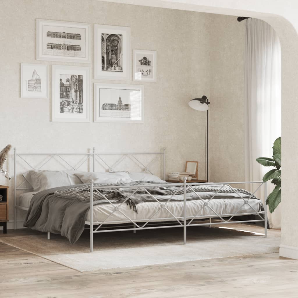 vidaXL Metal Bed Frame with Headboard and Footboard White 76x79.9 King