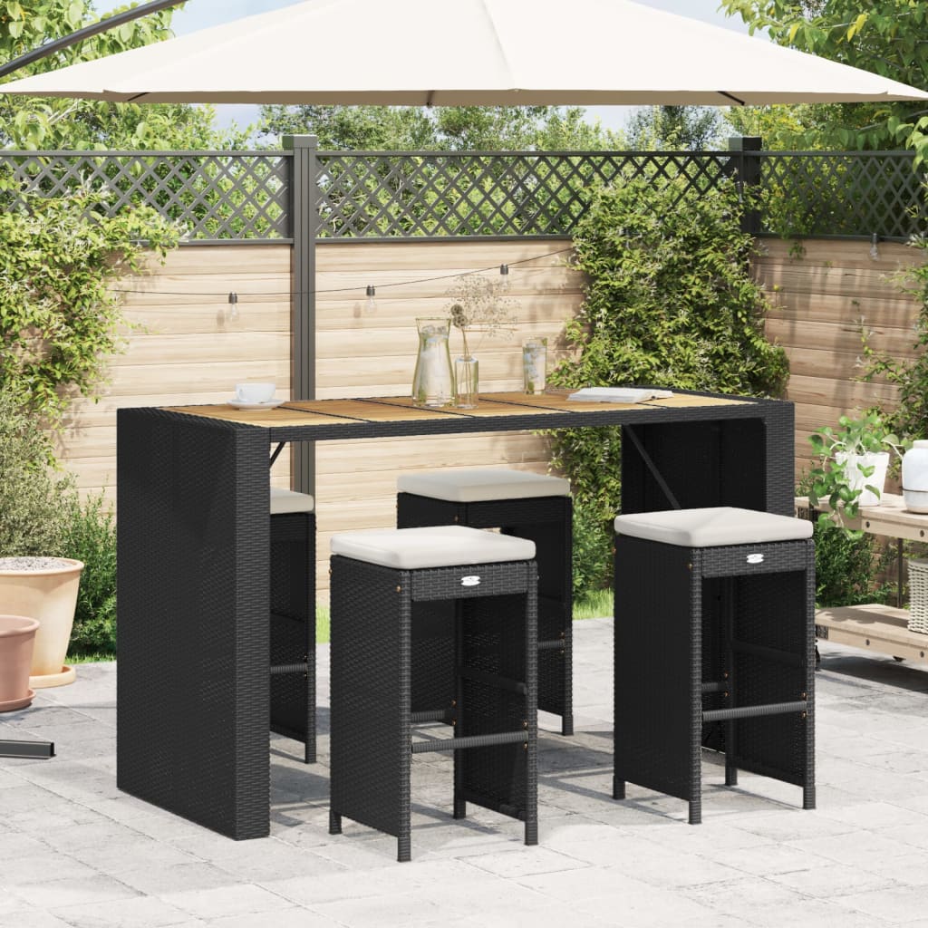 vidaXL Patio Bar Stools with Cushions 4 pcs Black Poly Rattan