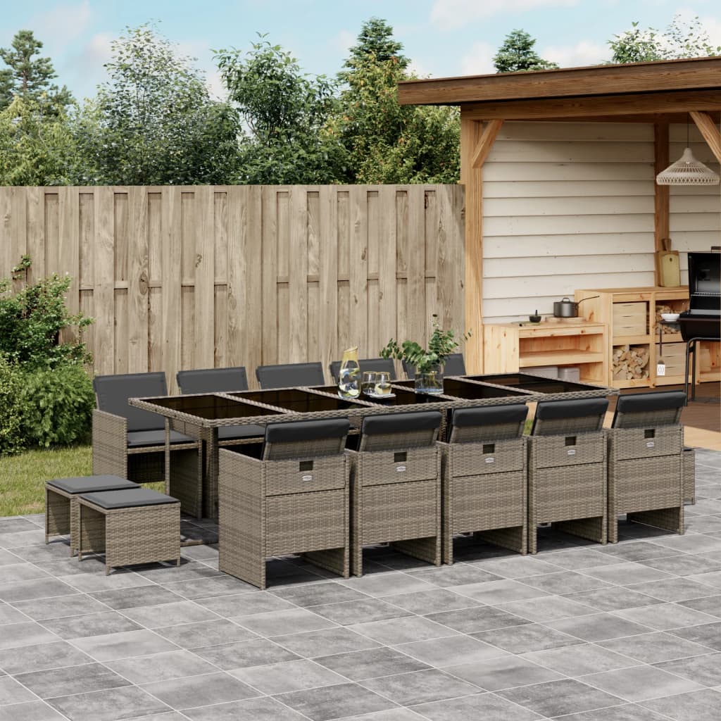 vidaXL 15 Piece Patio Dining Set with Cushions Gray Poly Rattan
