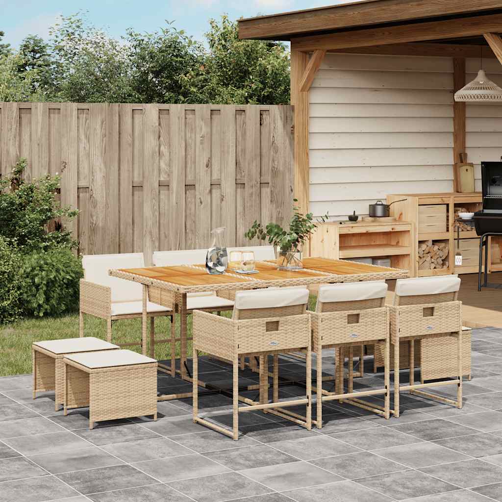 vidaXL 11 Piece Patio Dining Set with Cushions Beige Poly Rattan