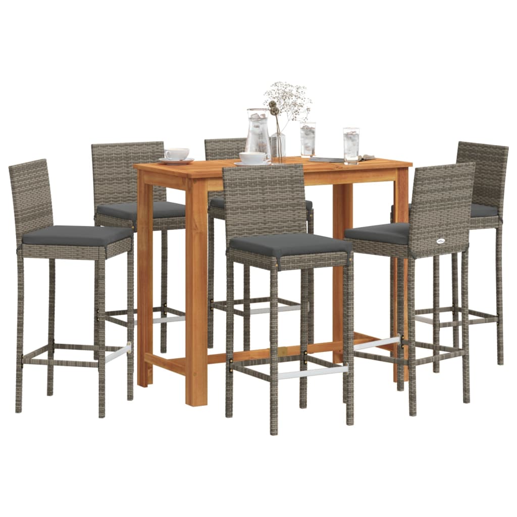 vidaXL 7 Piece Patio Bar Set Gray Solid Wood Acacia and Poly Rattan