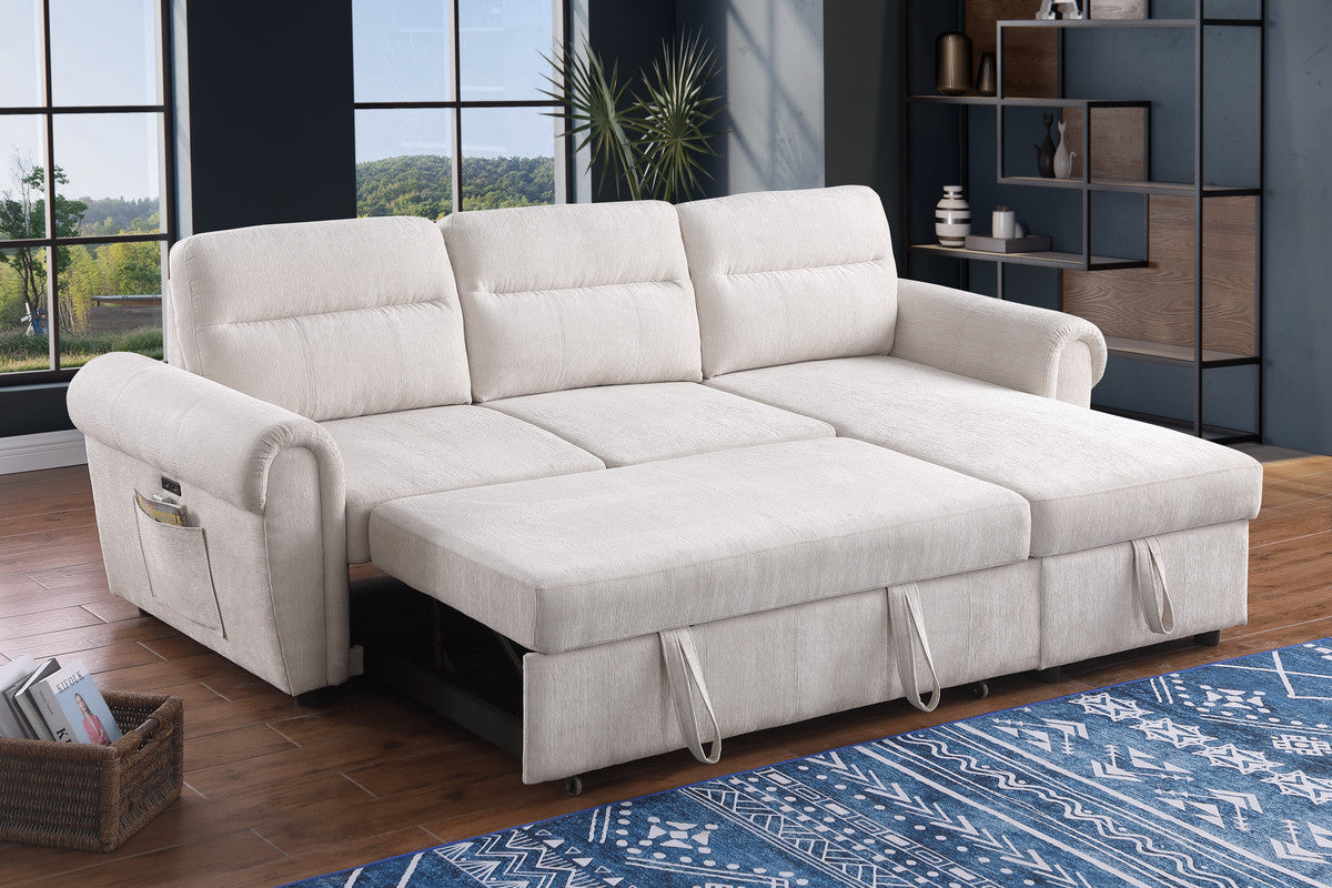 Hugo 97W Beige Chenille Reversible Sleeper Sectional Sofa Chaise with USB Charger