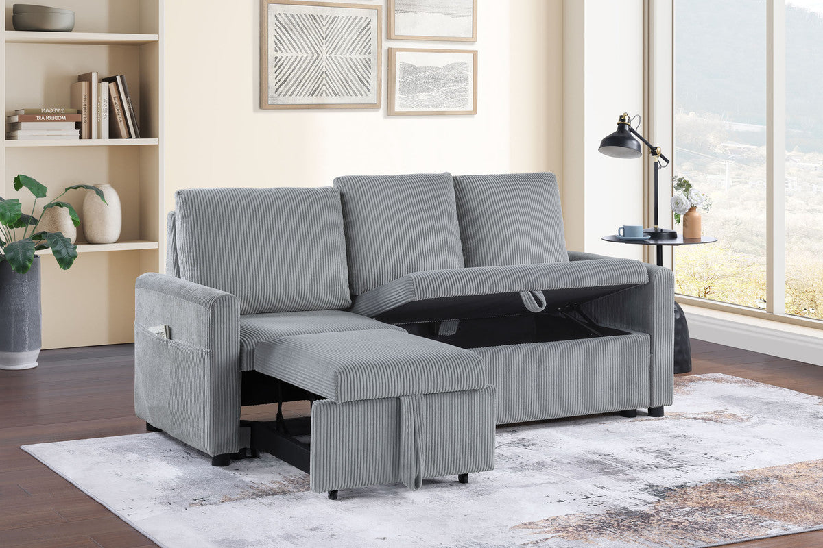Oswin 70W Gray Corduroy Sofa with Pull-Out Chaise, Underseat Storage, Side Pocket