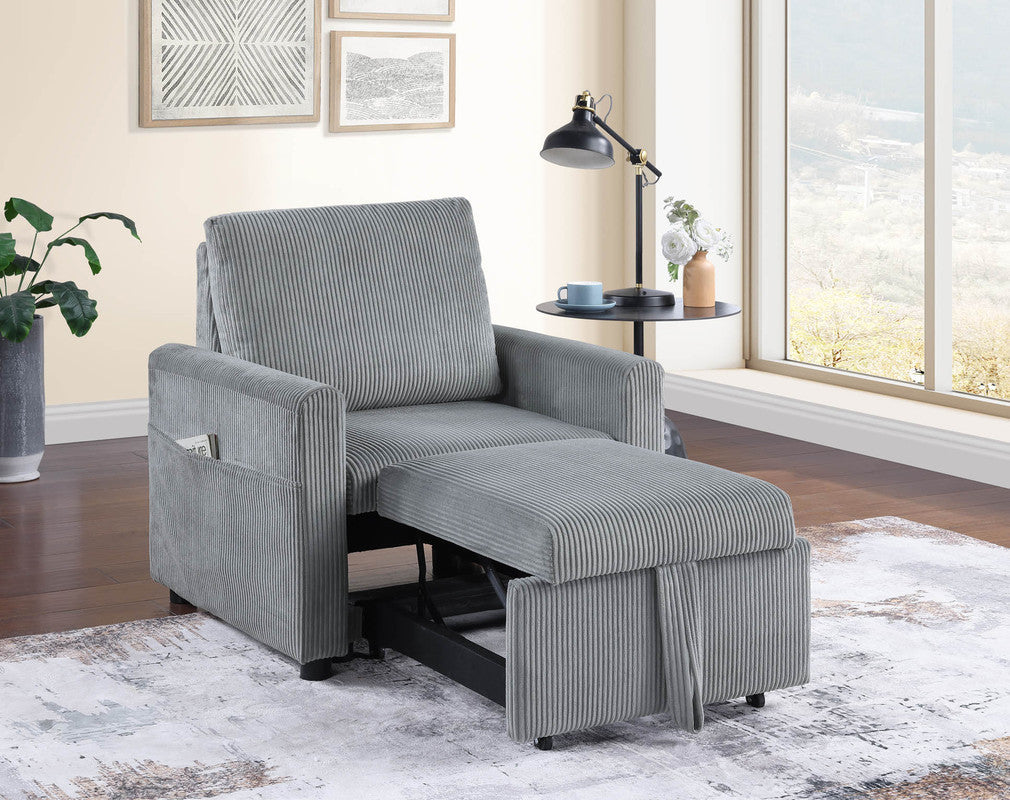 Oswin 33W Gray Corduroy Armchair with Pull-Out Chaise and Side Pocket