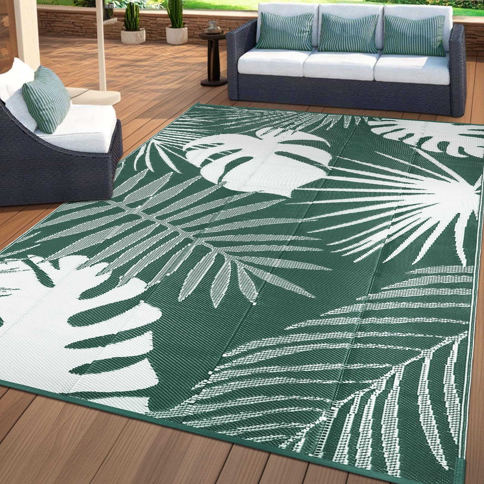 VSIWB Waterproof Outdoor Rug 8x10 ft, Reversible Plastic Straw Mat with Leaf Pattern, Large Floor Mat for Patio, Camping, Picnic
