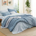 Bedsure Oversized Queen Comforter Set - 7 Pieces Grayish Blue Oversized Queen Bedding Set for All Seasons, Boho Contrasting Desi