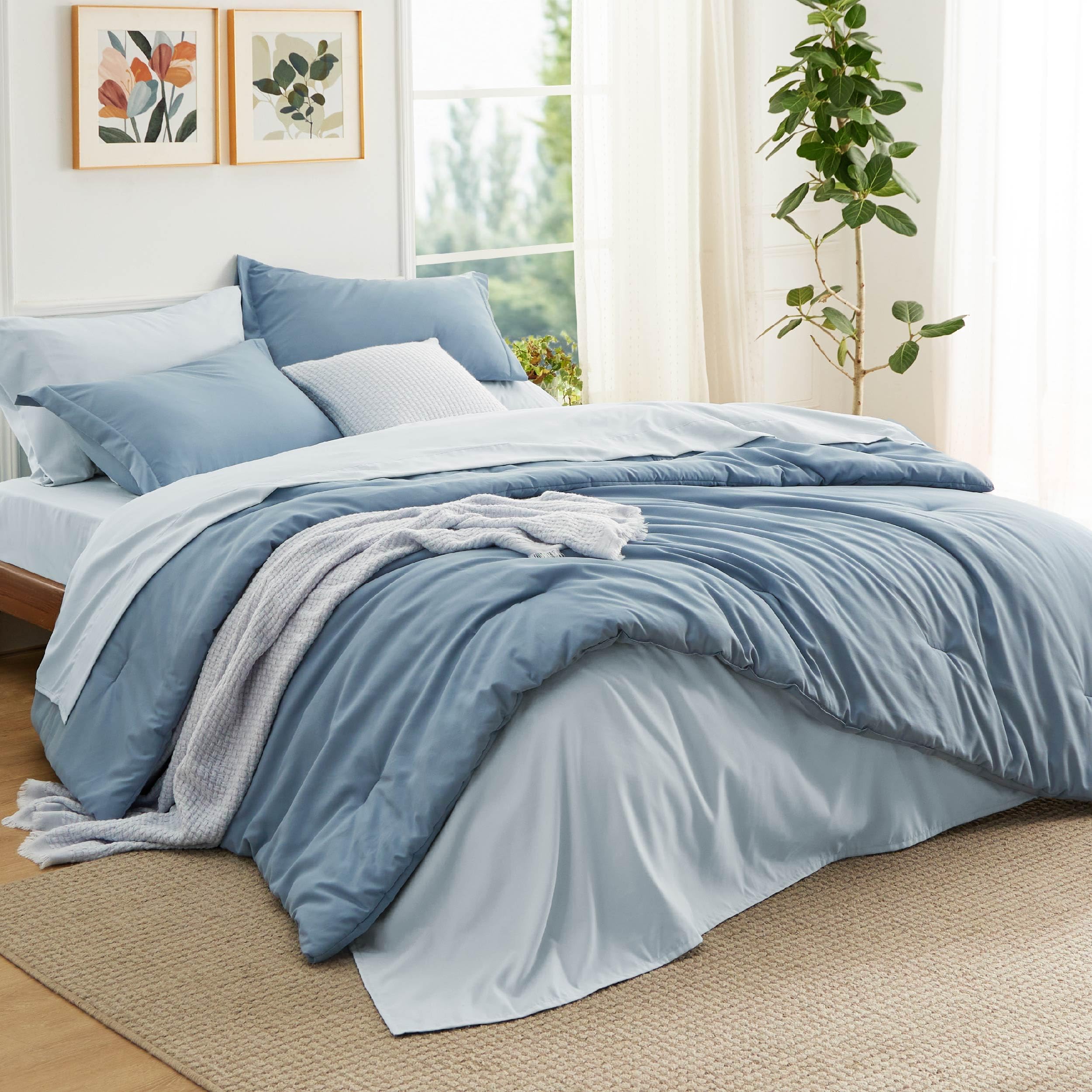 Bedsure Oversized Queen Comforter Set - 7 Pieces Grayish Blue Oversized Queen Bedding Set for All Seasons, Boho Contrasting Desi