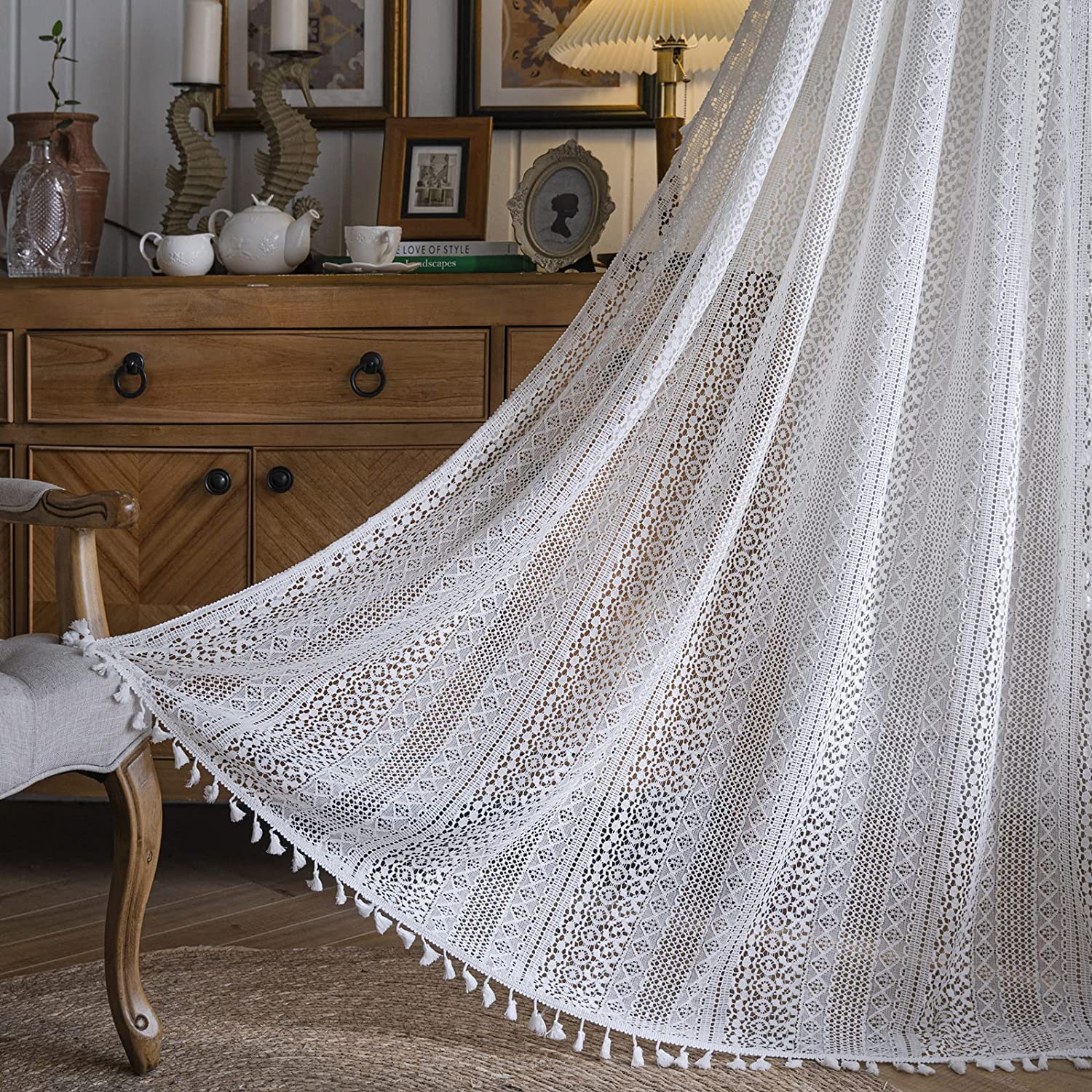 Sutuo Home White Crochet Boho Curtain 96 Inches Long, Sheer Lace Handmade Tassels Knitted Window Treatment Vintage Rustic Bohemi