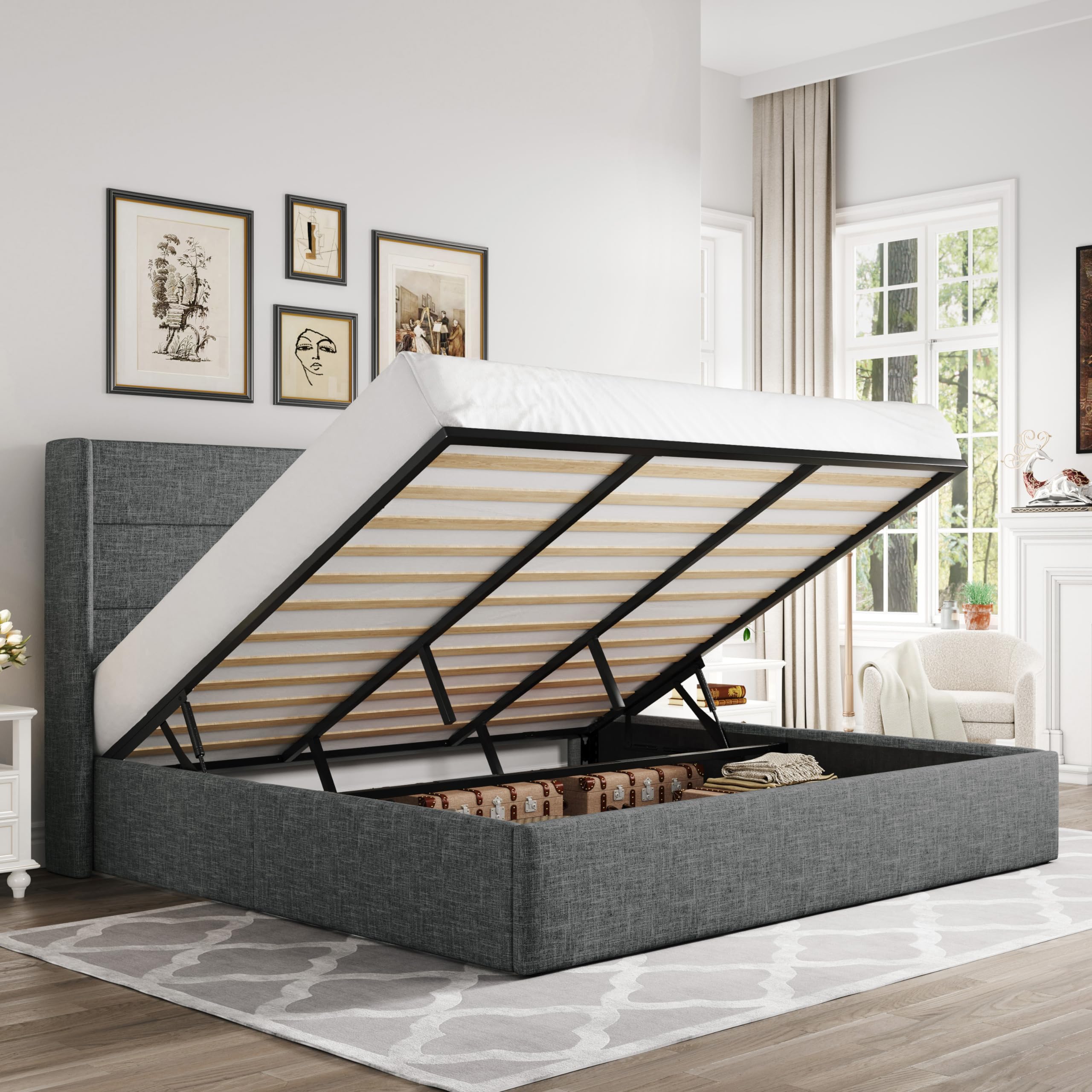 Allewie King Lift Up Storage Bed,Modern Wingback Headboard,Hydraulic Storage,No Box Spring Needed,Dark Grey