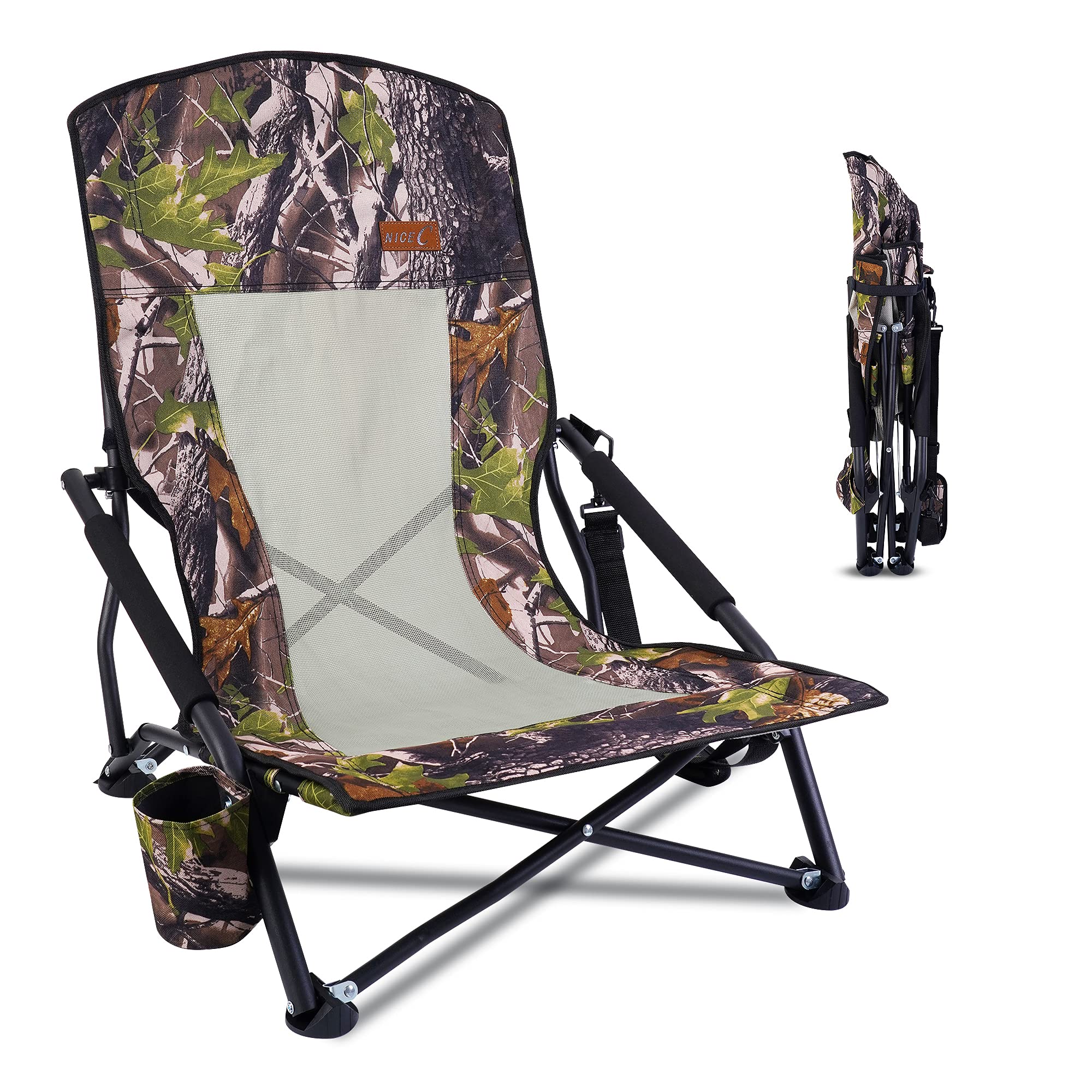Nice C Camouflage Hunting Chair, Folding Modern Outdoor Chair with Mesh Back, Arm Cushions, Cup Holder & Carry Strap, Heavy Duty
